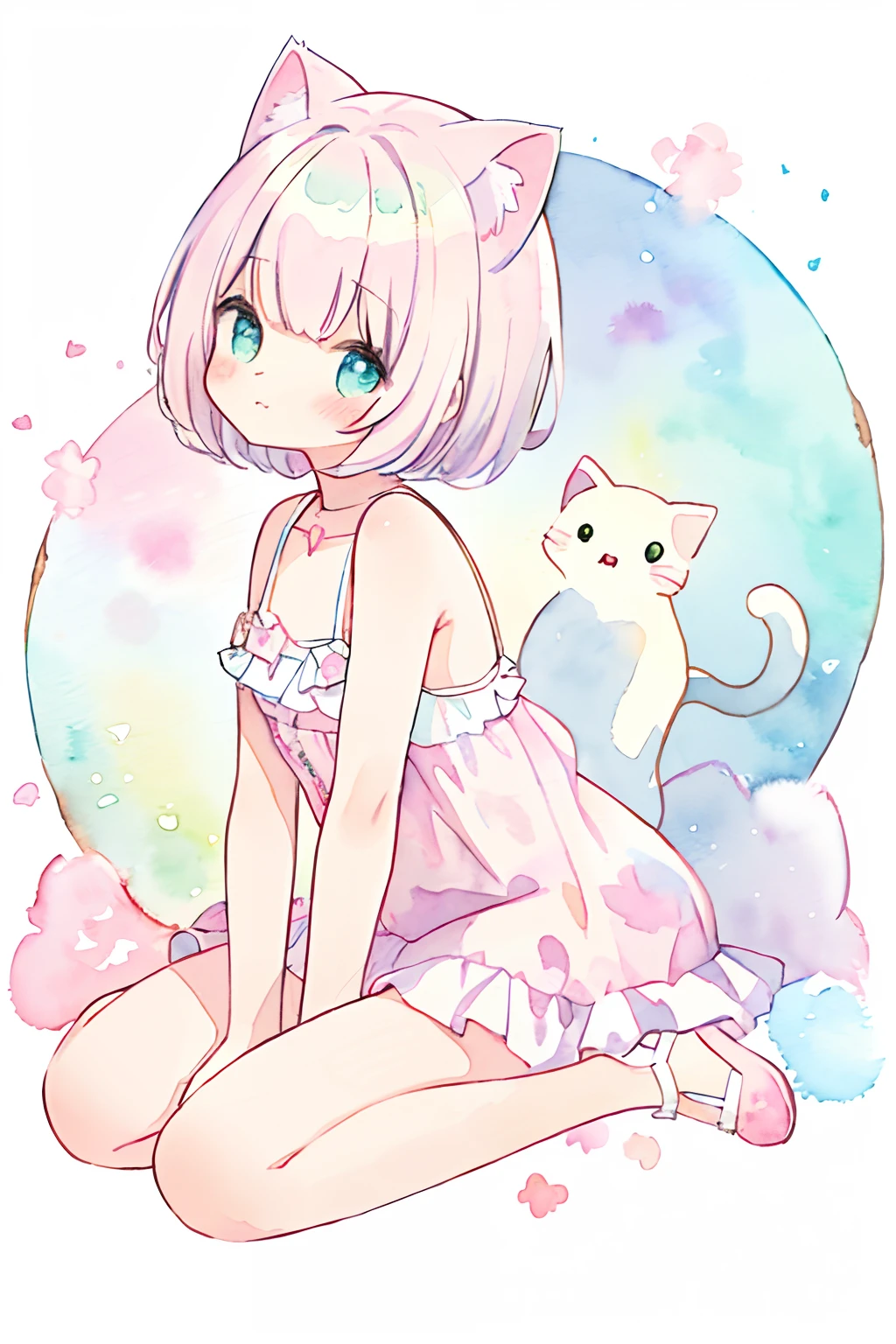 cat, fullbody,1 girl,
(pastel color:1.5),(cute illustration:1.5),(watercolor:1.2),white back ground,