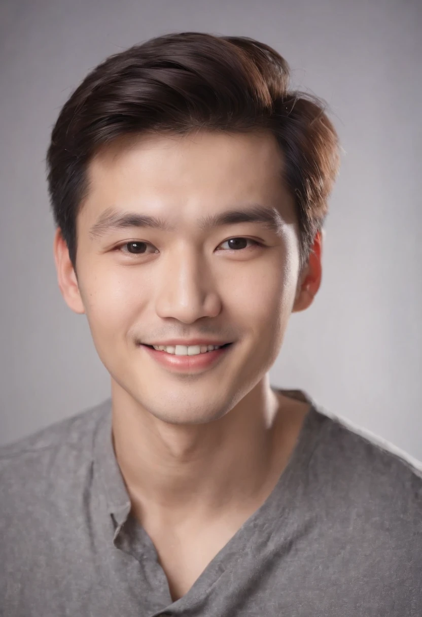 (photo: 1.3) af (realistic: 1.3), east asian man, soft light, clear face, happy, cheerful, smiling, warm light, ((gray-white gradient background)), (background)). ((gray wall background)) avatar, (long or short hair), smile, handsome, young,, short hair, smile, ((close-up))