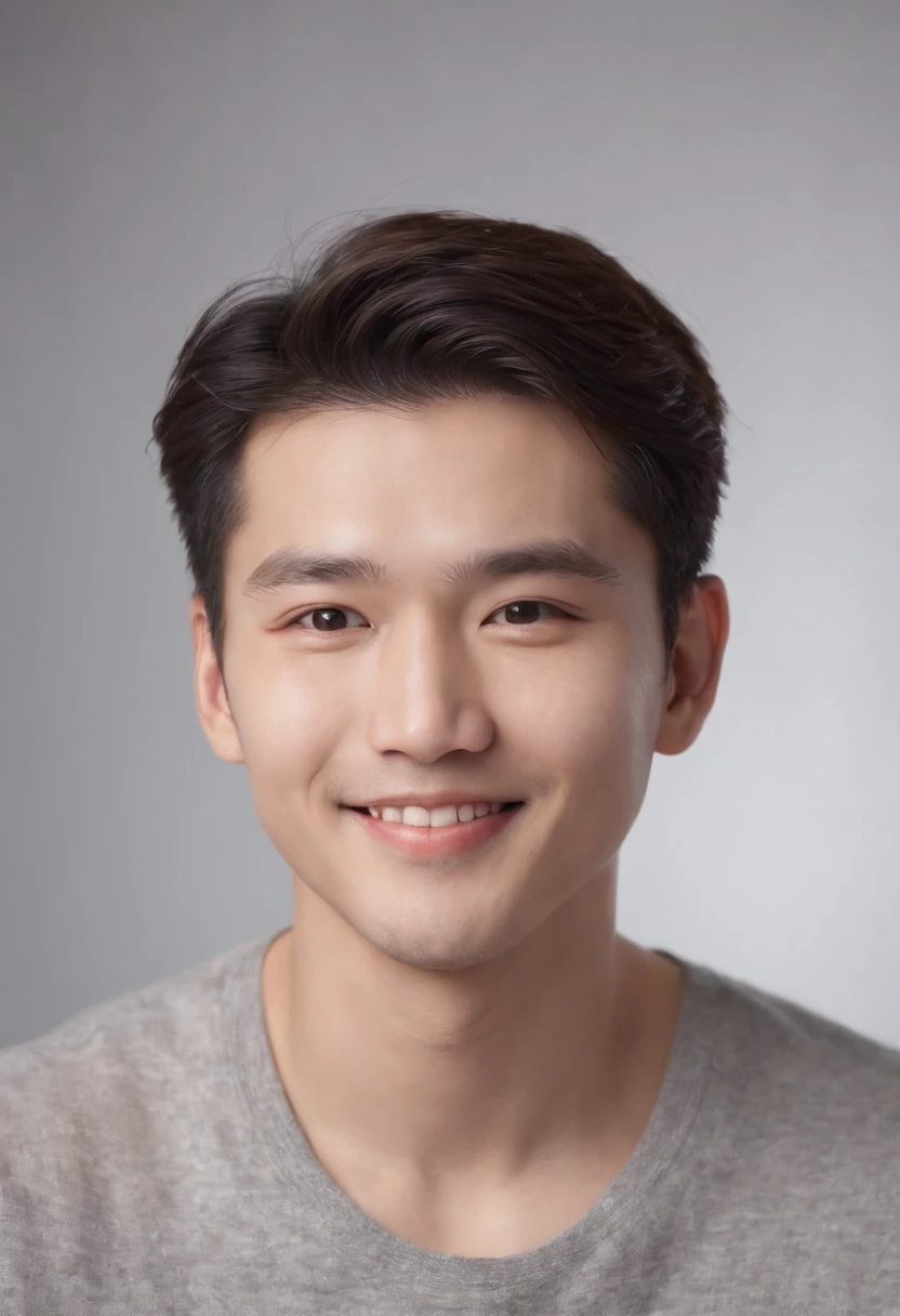 (photo: 1.3) af (realistic: 1.3), east asian man, soft light, clear face, happy, cheerful, smiling, warm light, ((gray-white gradient background)), (background)). ((gray wall background)) avatar, (long or short hair), smile, handsome, young,, short hair, smile, ((close-up))