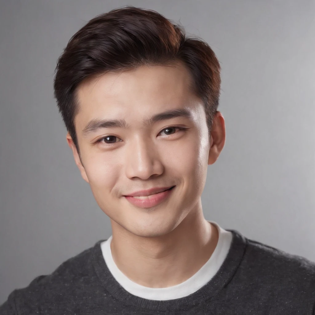 (photo: 1.3) af (realistic: 1.3), east asian man, soft light, clear face, happy, cheerful, smiling, warm light, ((gray-white gradient background)), (background)). ((gray wall background)) avatar, (long or short hair), smile, handsome, young,, short hair, smile, ((close-up))