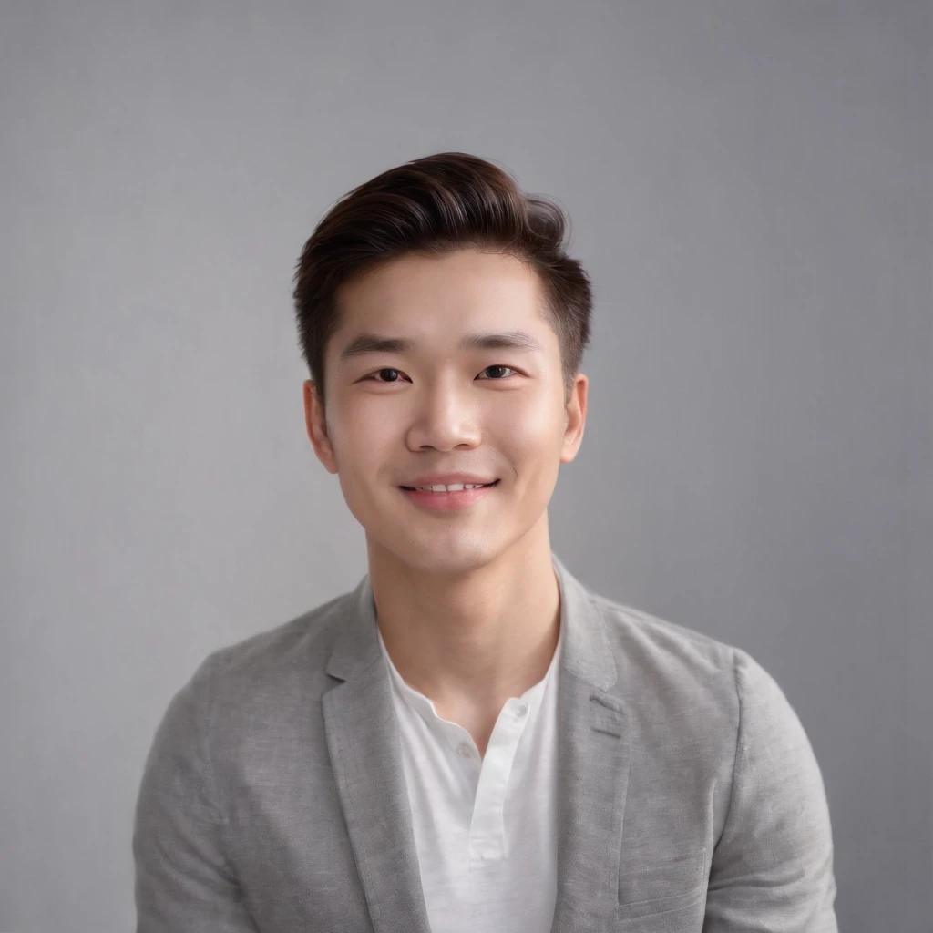 (photo: 1.3) af (realistic: 1.3), east asian man, soft light, clear face, happy, cheerful, smiling, warm light, ((gray-white gradient background)), (background)). ((gray wall background)) avatar, (long or short hair), smile, handsome, young,, short hair, smile, ((close-up))