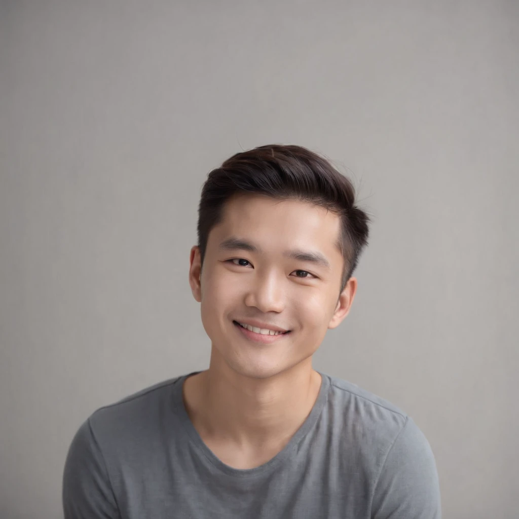 (photo: 1.3) af (realistic: 1.3), east asian man, soft light, clear face, happy, cheerful, smiling, warm light, ((gray-white gradient background)), (background)). ((gray wall background)) avatar, (long or short hair), smile, handsome, young,, short hair, smile, ((close-up))