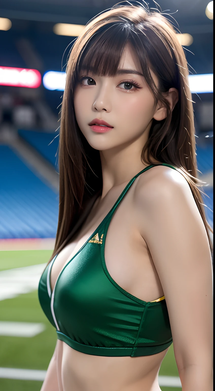 (Best Quality, 8K, masutepiece, Ultra HD: 1.3), 1girl in, small tits ,light brown hair, Blunt bangs, hair behind ear, hair over shoulder, Long hair, slender body shape, Ultra Fine Face, Delicate lips, Beautiful eyes, Double eyelids, lipsticks, thin blush ,Green eyes ,perfect glossy skin,flawless skin,fair white skin,perspiring,A gaze that invites you, Chest,Ultra-thin hands, Ultra-fine fingers,sexy wear cheerleader costume,Inside the stadium