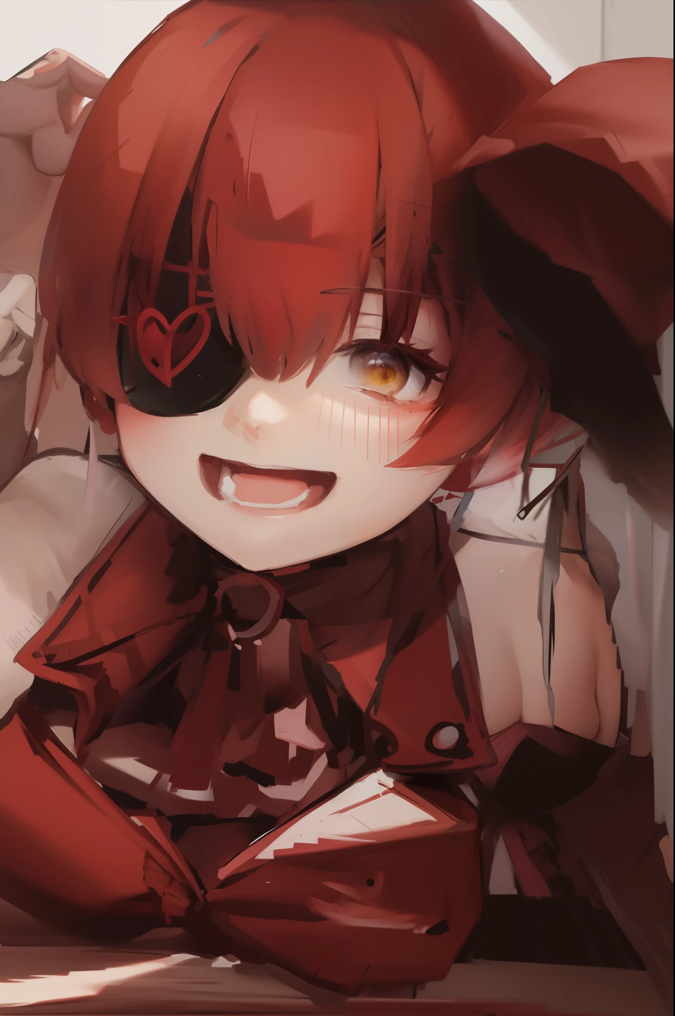 masterpiece, best quality, absurdres, perfect antomy, houshouBase, 1girl, solo, heterochromia, red eyes, yellow eyes, twintails, long hair, hair ribbon, large breasts, white gloves, frilled choker, red ascot, leotard, leotard under clothes, red jacket, cropped jacket, sleeveless jacket, black coat, off shoulder, bicorne, red skirt, miniskirt, leather belt, black thighhighs, standing, smile