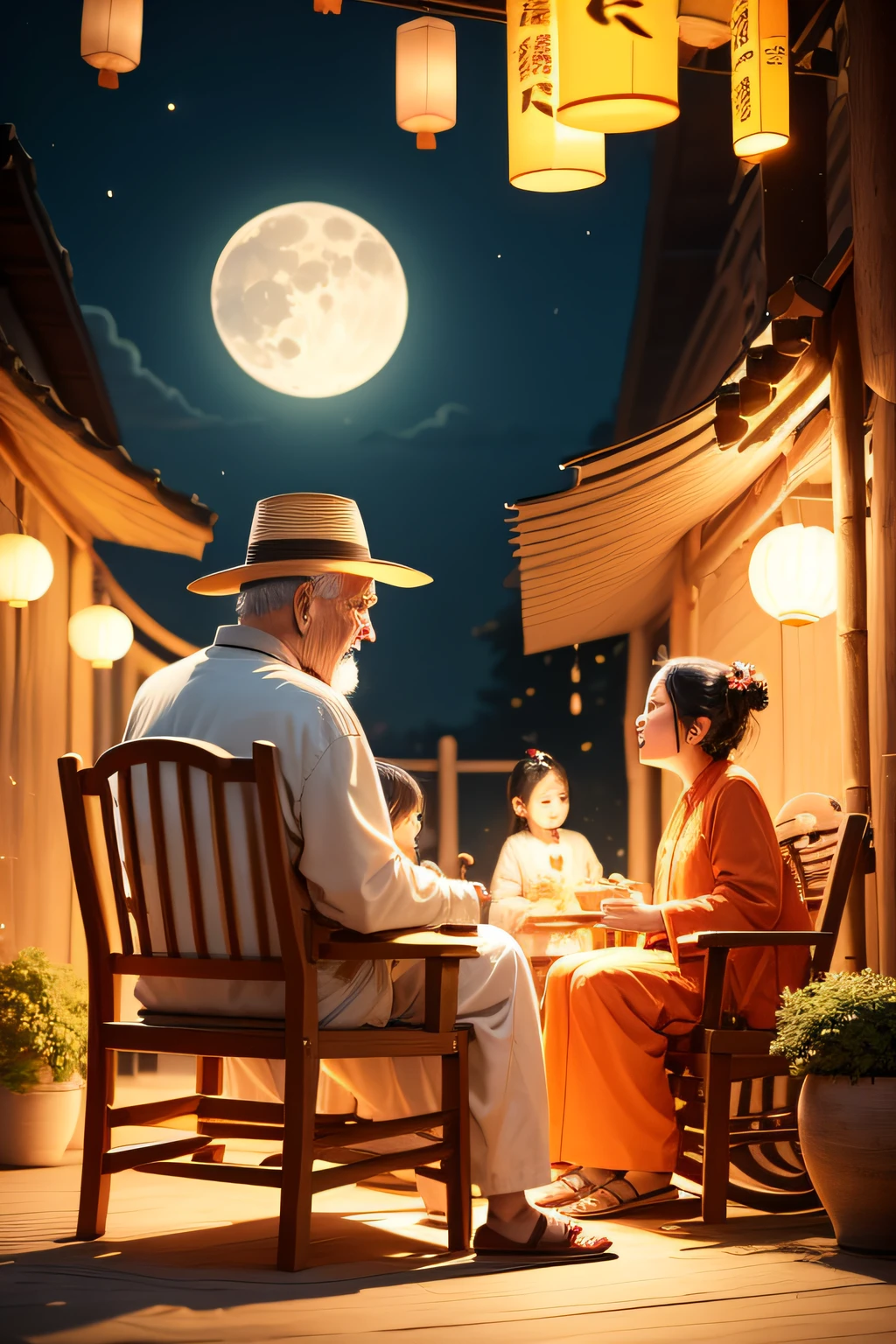 The family spent the Mid-Autumn Festival in the yard，An old man，An old woman sits in a bamboo rocking chair and looks at the moon，A little girl and a little boy frolic in the courtyard