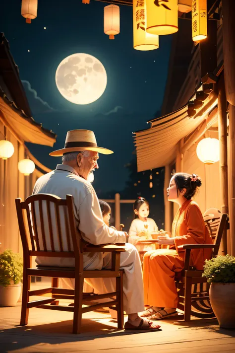 the family spent the mid-autumn festival in the yard，an old man，an old woman sits in a bamboo rocking chair and looks at the moo...