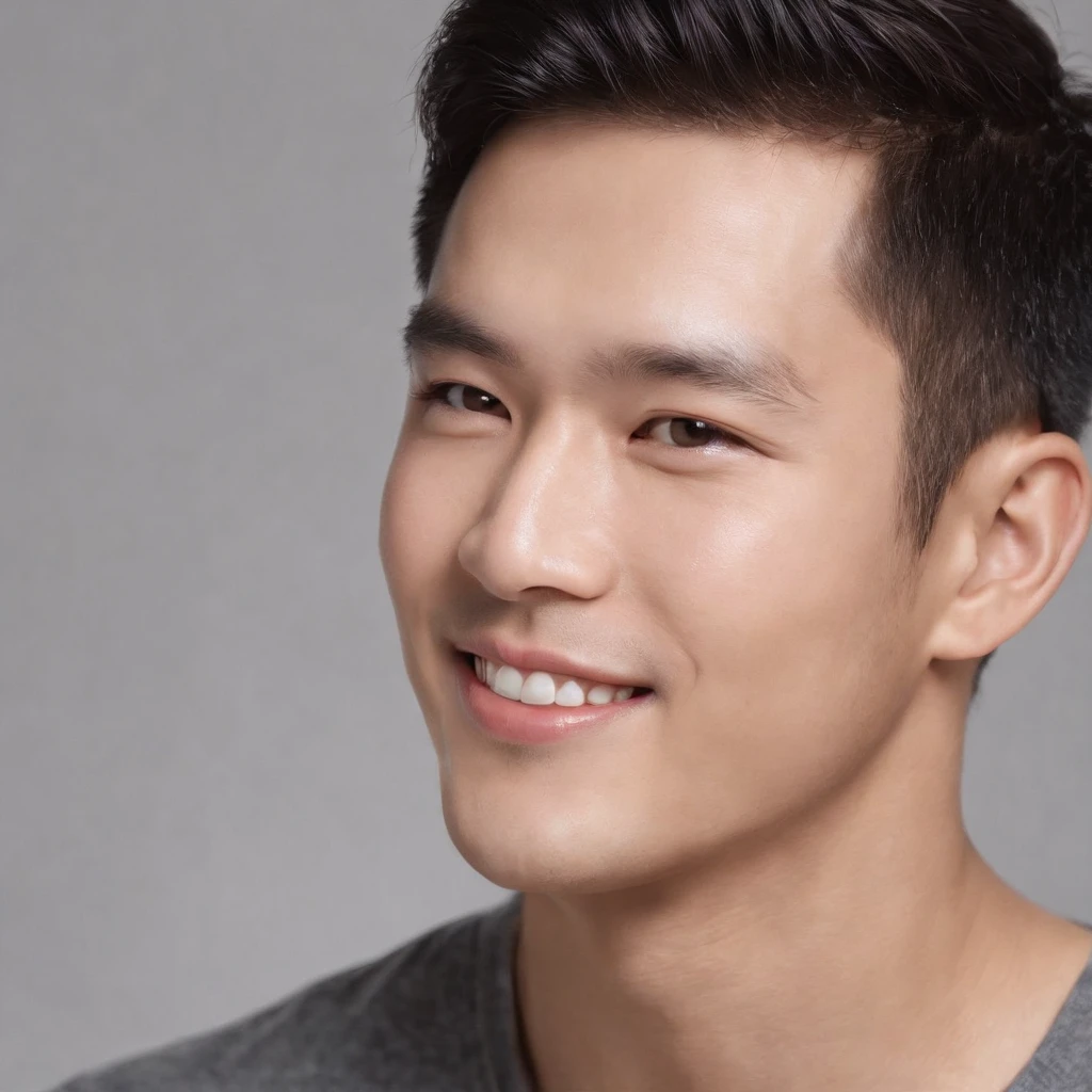 (photo: 1.3) af (realistic: 1.3), east asian man, soft light, clear face, happy, cheerful, warm light, ((gray-white gradient background)), (background)). ((gray wall background)) avatar, (long or short hair), smile, handsome, young,, short hair, smile, ((close-up))
