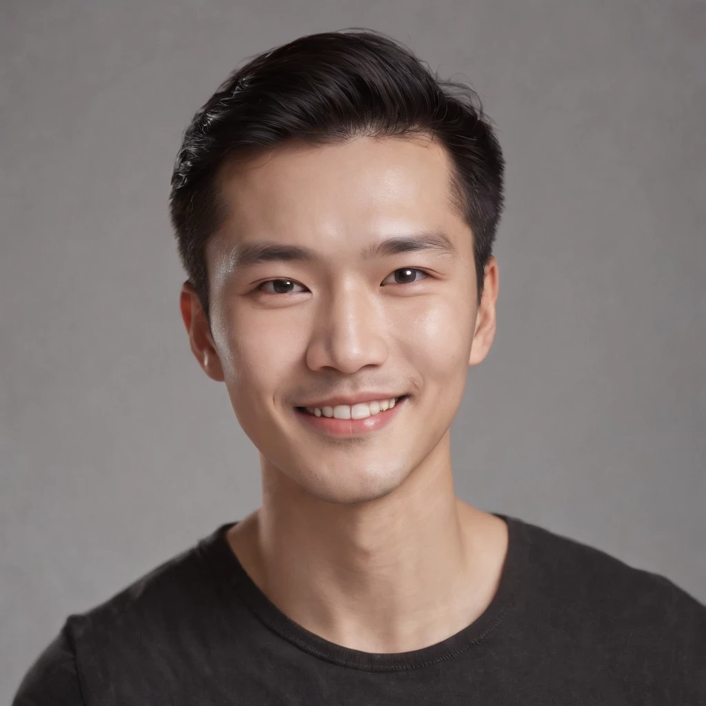 (photo: 1.3) af (realistic: 1.3), east asian man, soft light, clear face, happy, cheerful, warm light, ((gray-white gradient background)), (background)). ((gray wall background)) avatar, (long or short hair), smile, handsome, young,, short hair, smile, ((close-up))