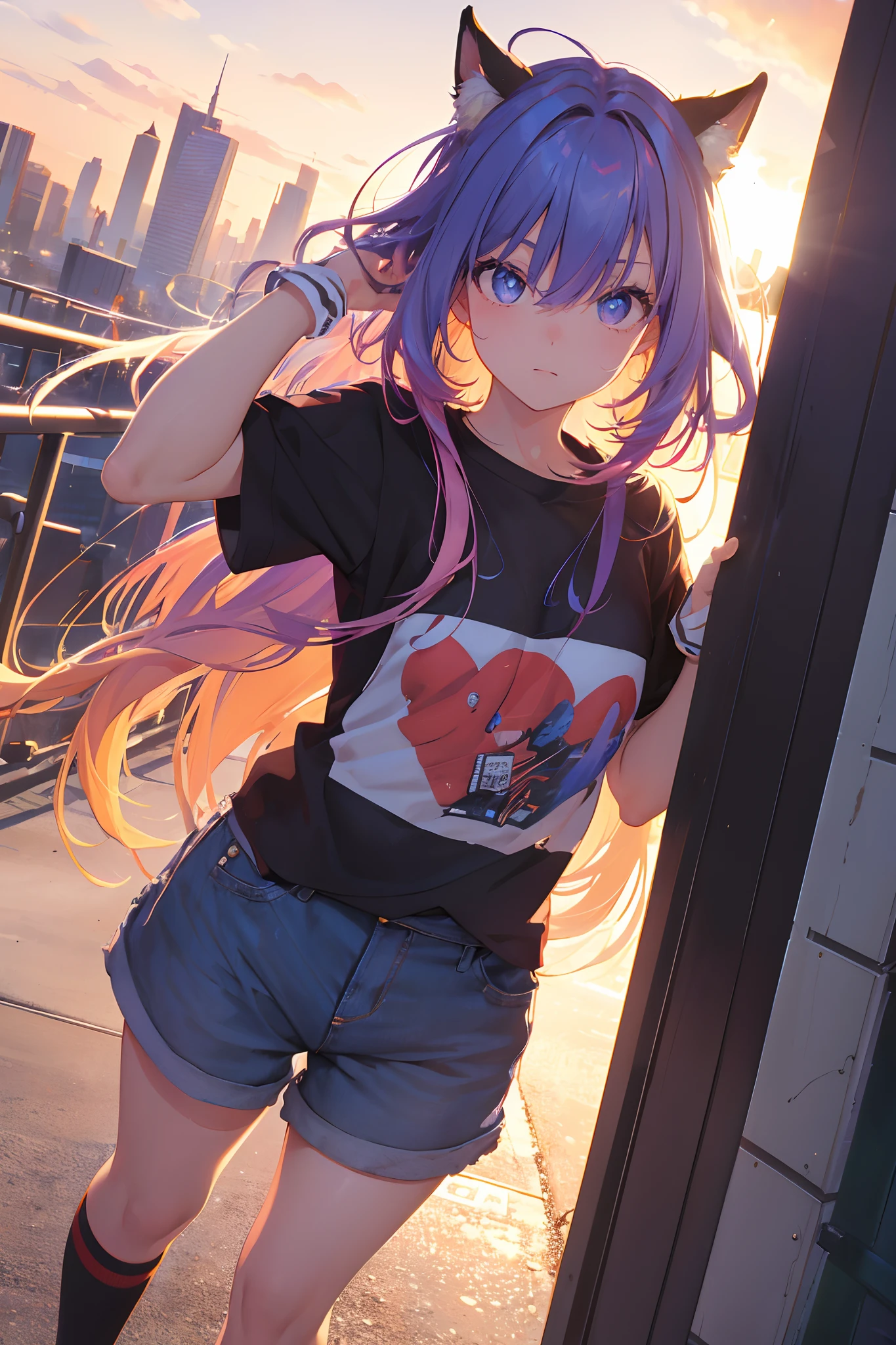 NY, (gradient hair, dutch angle:1.3), film grain, chromatic aberration, city, masterpiece, best quality, raw photo, photorealistic, absurdres, 1girl, cute, perspective, cowboy shot, highres, ultra detailed, detailed eyes and face, sharp pupils, realistic pupils, sharp focus, summer, night,  detailed full figure, beautiful socks, Socks above the knees, chance meeting, runaway from home