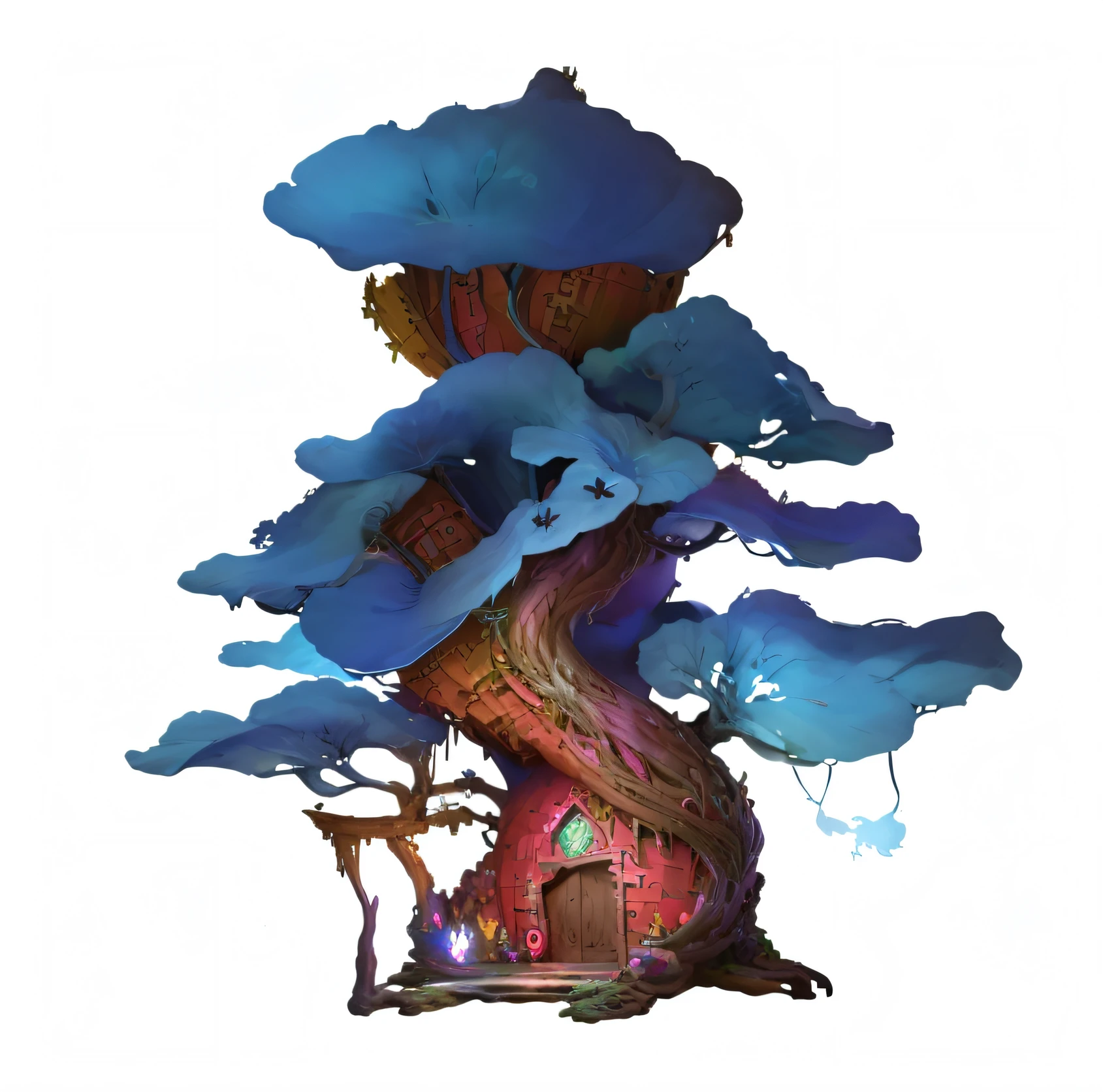 There is a tree house，There is a swing in the middle, painted as a game concept art, stylised painting, stylised painting, made of tree and fantasy valley, Concept illustration, finished concept art, Stylized concept art, low details. Digital painting, A digital painting, arte de fundo, drawn in anime painter studio, stylized painterly，(Best quality,4K,A high resolution),Ultra-detailed,Realistic,cyberpunk tree house,bonsai tree house,Tall and scary details,Forest on the roof,enchanted forest tower,pine treehouse, Intricate concept art,Complex rendering,Highly detailed conceptual art, intricate environment,Elf-like architecture,Highly detailed conceptual art,Mandelbrot bulb building,Spiral staircase，baroque buildings，Detailed complex rendering of gorgeous doors,4K，There is a glowing sapphire at the top of the door，Gorgeous realistic light and shadow with rich details，There is a huge observation deck at the top，The interior is self-luminous，Soft blue cloud-shaped leaves，Huge terrace，deep dark background，The ground has gorgeous light spots