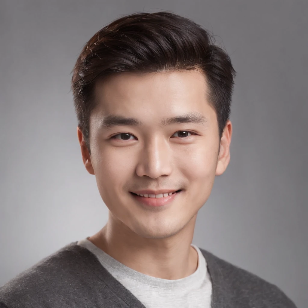 (photo: 1.3) af (realistic: 1.3), east asian man, soft light, clear face, happy, cheerful, smiling, warm light, ((gray-white gradient background)), (background)). ((gray wall background)) avatar, (long or short hair), smile, handsome, young,, short hair, smile, ((macro photography))