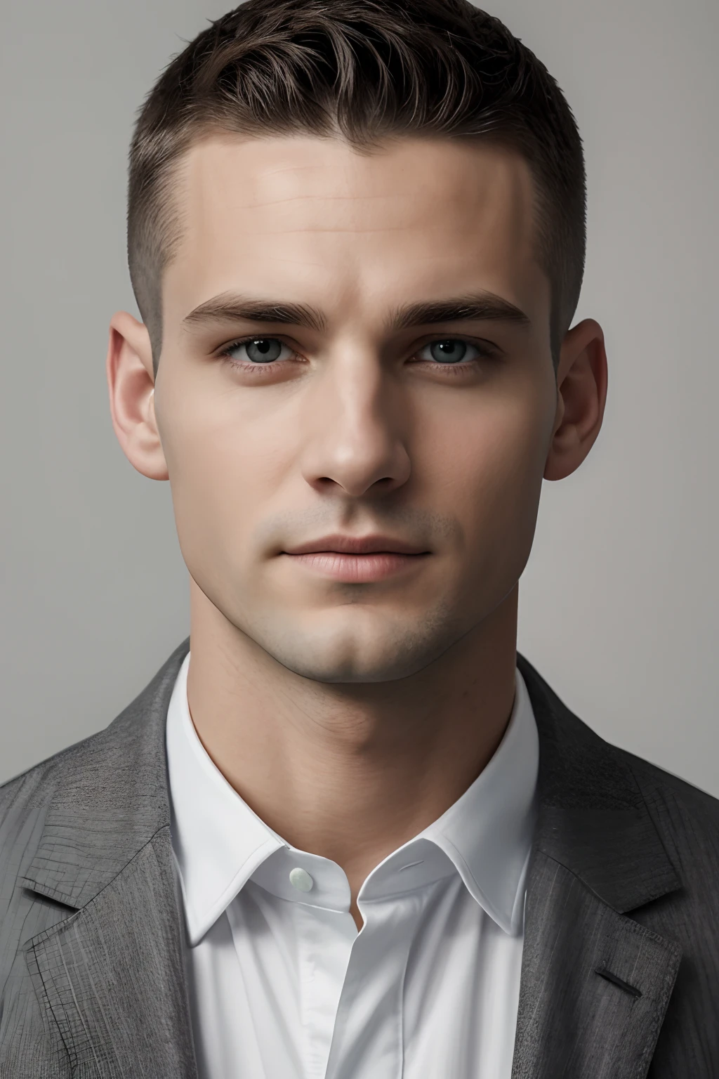 detail skin texture, (Best Quality:1.4), 8K resolution, High Resolution, (Photorealistic, High Resolution:1.4), RAW photo, (Realistic, photorealestic:1.37), Portrait, Handsome caucasian man, super model, 27 years old, White Male Avatar, soft light, Face in focus, Happy, cheerful, Warm light, ((Gray and white background)), ((Gray and white background)). ((Grey wall background)), avatar, (extremely short hair), in a modern fashionable jacket and shirt, a handsome, Young, Green eyes, Crew Cut, extremely short hair, Crew Cut, round face, brown hair, shaved, Very clean-shaven, Perfect right in front of the camera, hyperealistic, Detailed, Naturalistic Portrait, Positioned exactly in front of the camera, very detailed eyes, Perfect right in front of the camera,