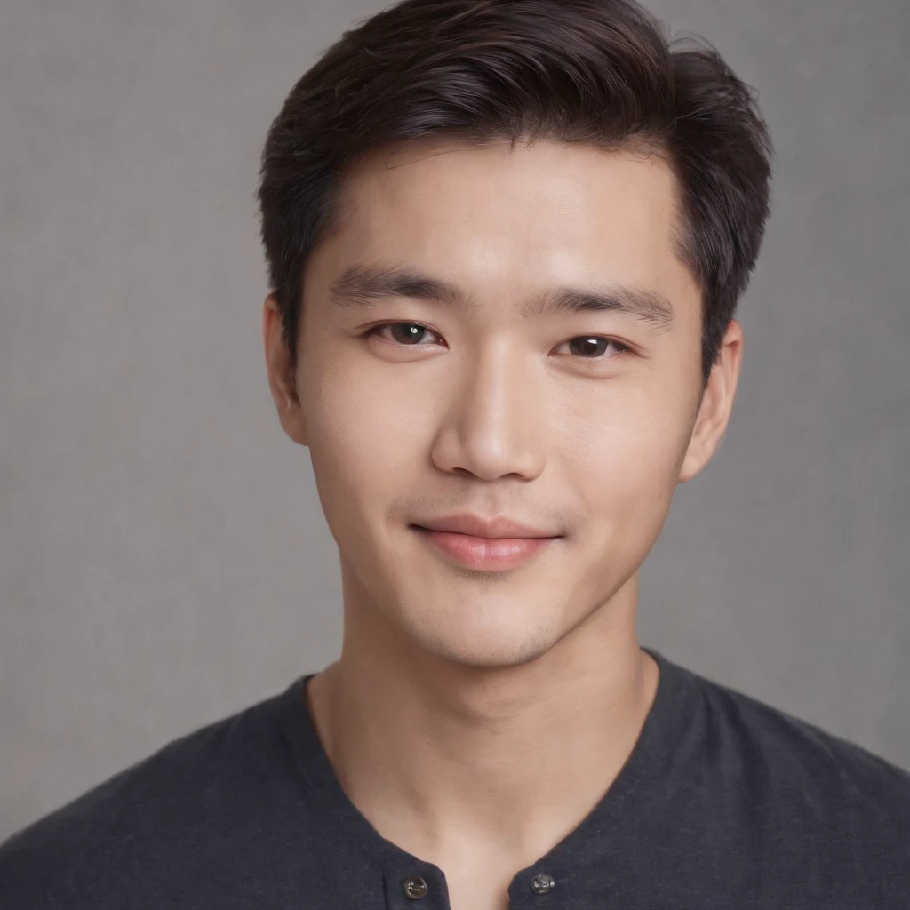 (photo: 1.3) af (realistic: 1.3), east asian man, soft light, clear face, happy, cheerful,warm light, ((gray-white gradient background)), (background)). ((gray wall background)) avatar, (long or short hair), smile, handsome, young,, short hair, smile, ((macro photography))