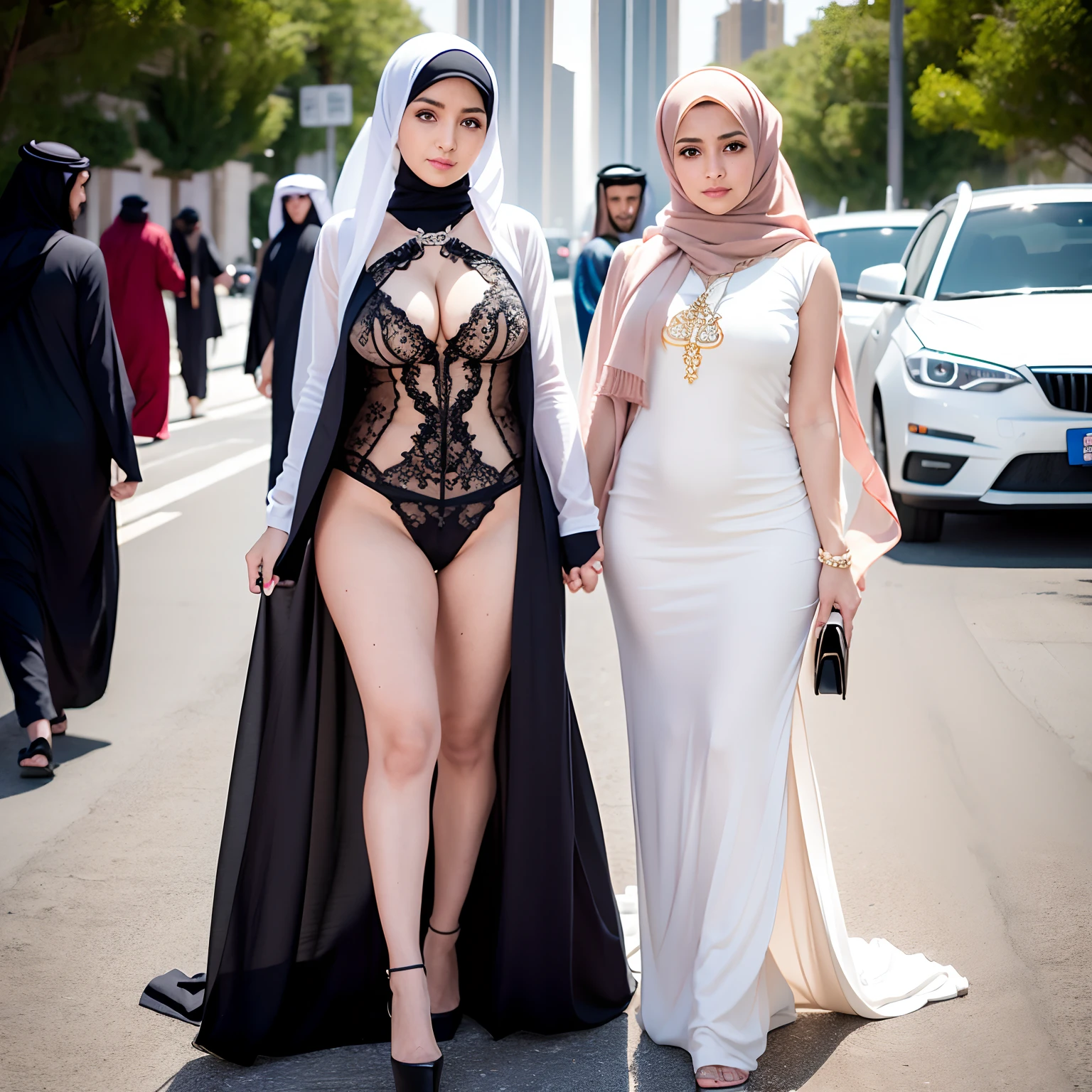 , design dress,Arab, family, gruop, men, people, big titts, hijab, street, Dubai, see through clothes (ultra-detailed), highest quality, ((an extremely delicate and beautiful)), (beautiful detailed eyes), cute eyes, red eyes, fu, elegant pose, perfect body, (illustration), large breasts, focus on eyes, chain outfit , , chilull body