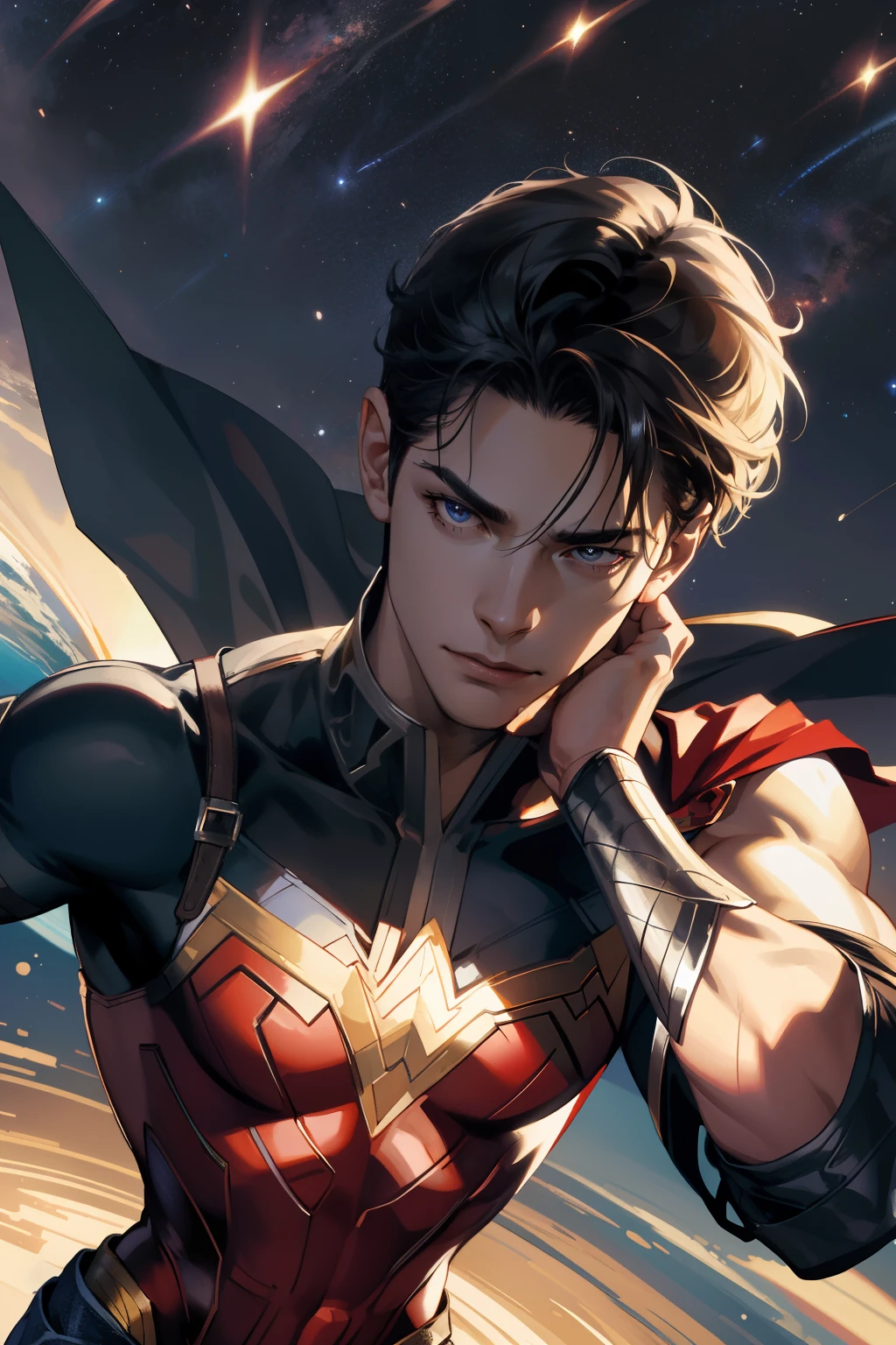 (absurdres, highres, ultra detailed), 1 male, mature, manly, tall muscular, handsome, finely detailed eyes, intricate details, portrait, (bloody scars:0.7), looking at viewer, solo, (full body:0.6), detailed background, close up, determined expression, dynamic pose, evil wonder woman outfit,  outer space, stars,   comets,    spacecraft,  floating particles,  battle scene, majestic atmosphere,