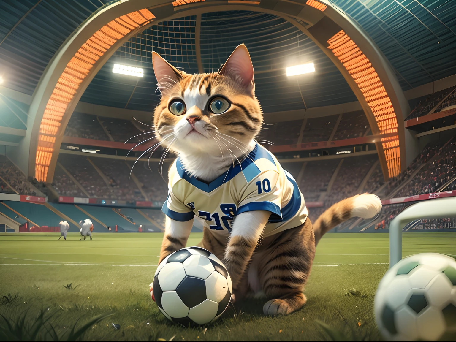 A round-eyed cute cat, Wear a football jersey, Play soccer on the grass field..
