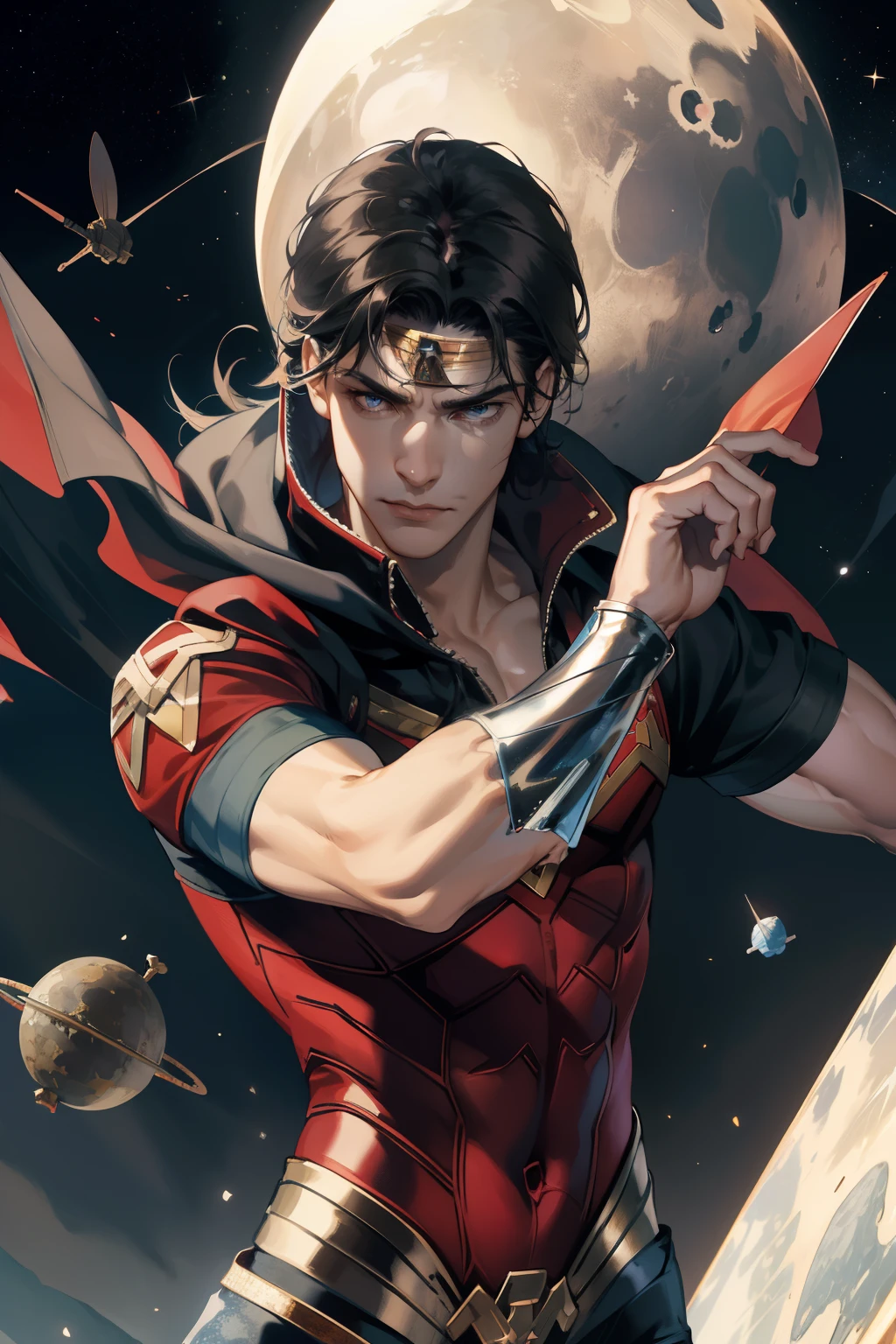 (absurdres, highres, ultra detailed), 1 male, mature, manly, tall muscular, handsome, finely detailed eyes, intricate details, portrait, (bloody scars:0.7), looking at viewer, solo, (full body:0.6), detailed background, close up, determined expression, dynamic pose, evil wonder woman outfit, outer space, stars, comets, spacecraft, floating particles, battle scene, majestic atmosphere,