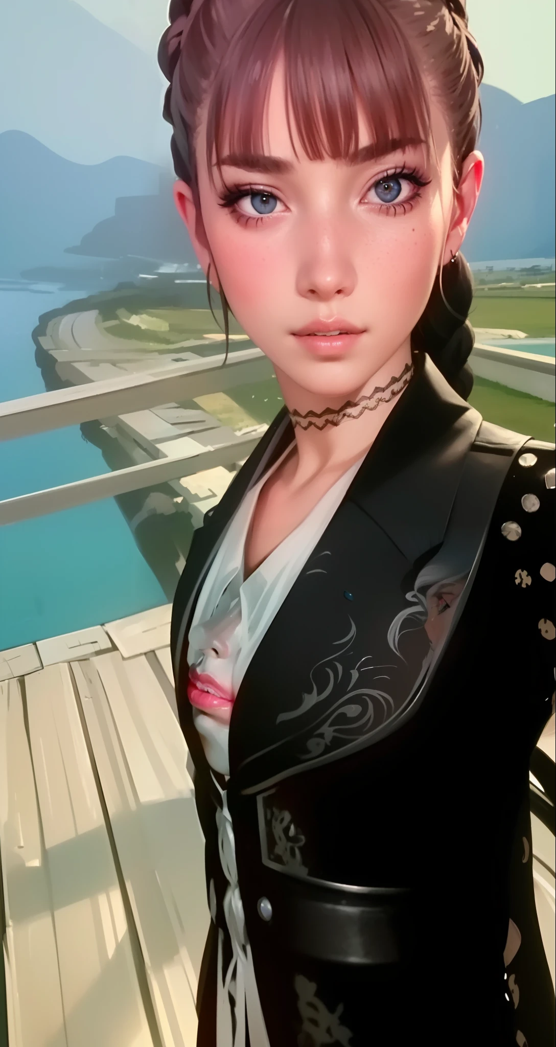 masterpiece, solo, highly detailed, ultra-detailed, ultra high res, (photorealistic:1.333), (best quality), (best shadow),detailed, perfect lighting, white hair, very long hair, braids, [face freckles], (blue eyes),, smokey make up, close up, portrait, (wlop)