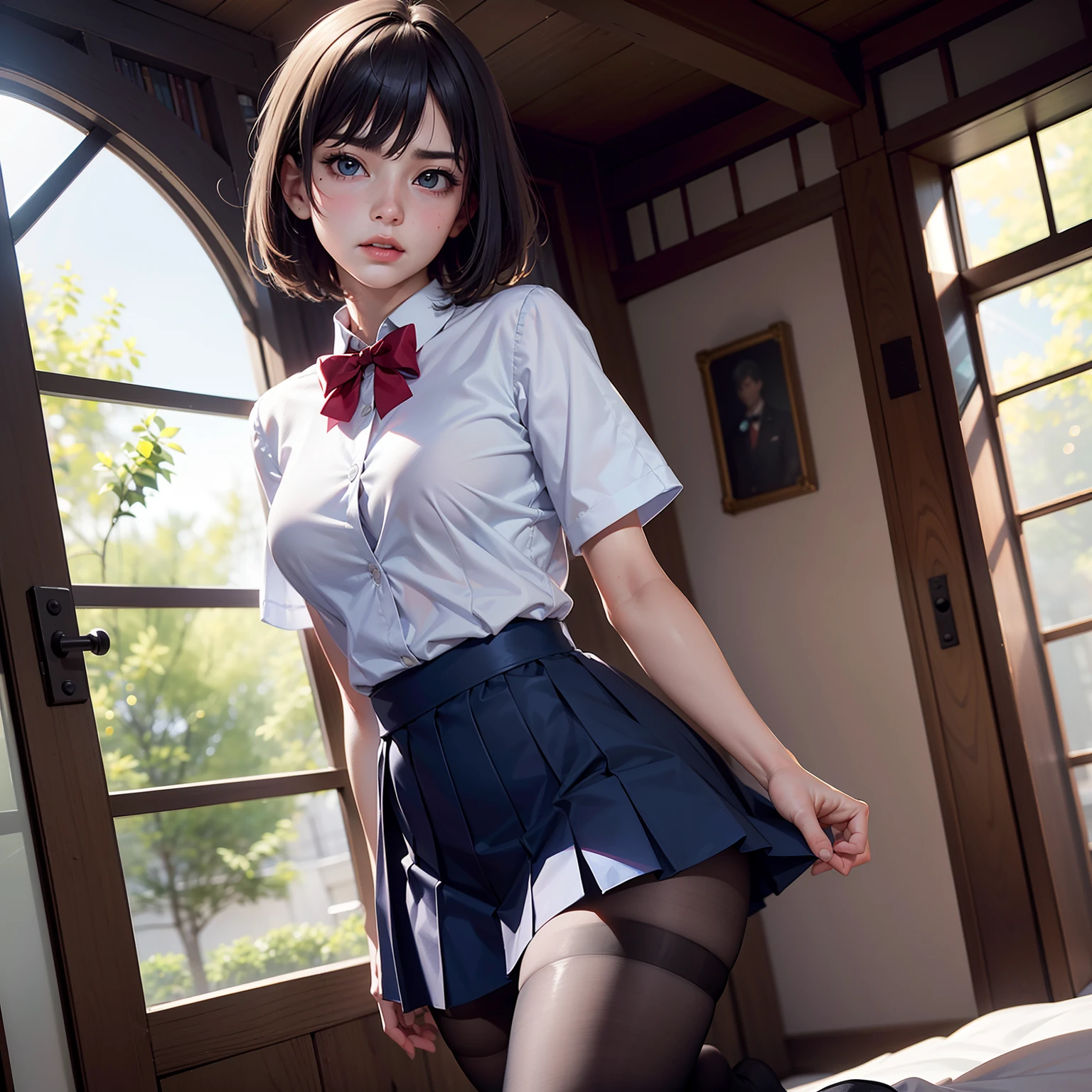 Hyper realistic super detailed sexy woman, Une fille confiante, NSFW, Very detailed, expressions faciales sexy, seductive facial expressions, [:(Face detail: 1.4): 0.4], 16K resolution, 4k resolution, dinamic lighting, High definition resolution, (sexy pose, Position attrayante), (hyper realistic: 1.4), (back light: 1.2), (sun light: 1), (pleine hauteur: 1.8),(contrasting background: 1.5), (Anatomy of the hyperrealistic arm), (Hyperrealistic anatomy of the legs), (peau propre), (lighting cinematic: 1.7), (intime), (Technologie NVIDIA RTX Ray Tracing), (Anatomy of the hyperrealistic arm: 2), (Ventre plat parfait), (image couleur),hight resolution、high-level image quality、in 8K、Raw photography、top-quality、​masterpiece、masutepiece、Erotic、Pupils、Light Blue Bra,de pele branca,kne,(Flesh-colored pantyhose),Detailed panty patterns、panties focus、pink color panties、absurderes,a small face、huge-breasted、Parting the bangs from the middle、Forehead visible,(a cold expression<Tight eyes,glares,Bullish,Thin anger)、​masterpiece,top-quality、超A high resolution,Raw photo,ren,Beautiful fece,One Person, 独奏,Dark look,Small breasts,fullllbody、Very nice、JK school uniform,hi-school girl,A Japanese Lady,is standing,（Photorealsitic：1.37）、Photon mapping,Light blue ribbon,Realistic、Cute little face,Brown-eyed、Black socks、22year old、(Red bow tie)、Radio City、Physically Based Rendering、Foreground、depth of fields、Blurry background、a picture,The girls、Body,beauty legs, Long legs, Thin leg,Long bob cut,(Bangs are visible), hair, s lips, Blue_The eye, nosesoft,(Light blue shirt), (Navy pleated skirt), Knees are visible,Sheer clothing,, Thigh, Black cotton socks,Nogizaka Idol, 女優, Japanese ido、Sparkling eyes、shiny lip、