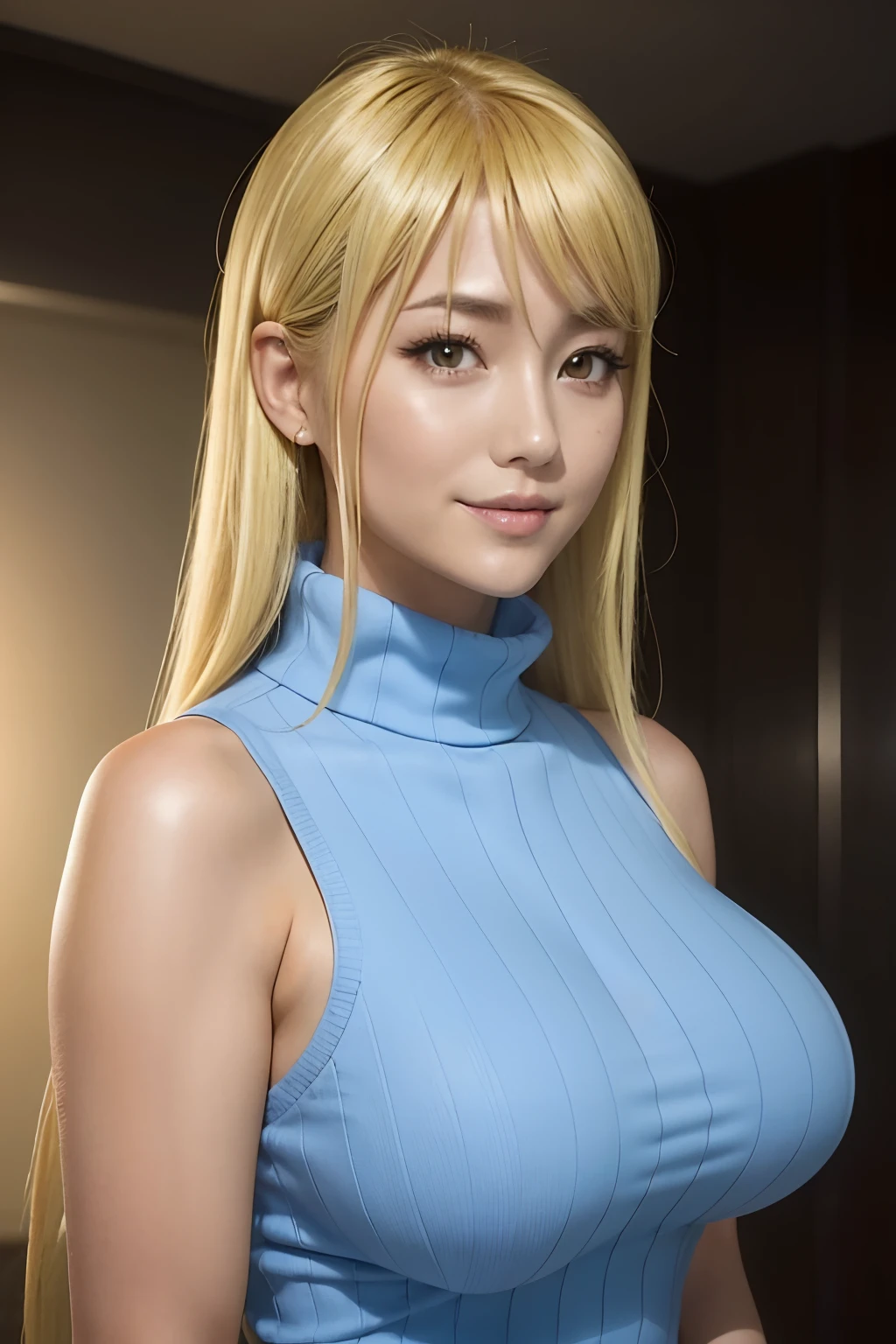 80's_jiaopian, 1girl, blonde hair, ((realistic)), ((photorealistic)),((high-res, masterpiece, best quality, cinema lighting)), masterpiece, best quality:1.2), upper body, solo, 1girl, smile, closed mouth, masterpiece, best quality, 4k, photograph, cinemtaic lighting, modelshoot, perfect lighting, perfect detailed face, professional photoshoot, seductive smile, wide hips, thick thighs, short female,(((huge breasts))),((((shizuka marikawa)))), blonde hair, blue turtle neck sweater, sleeveless, realistic,(((beautiful))),japanese female