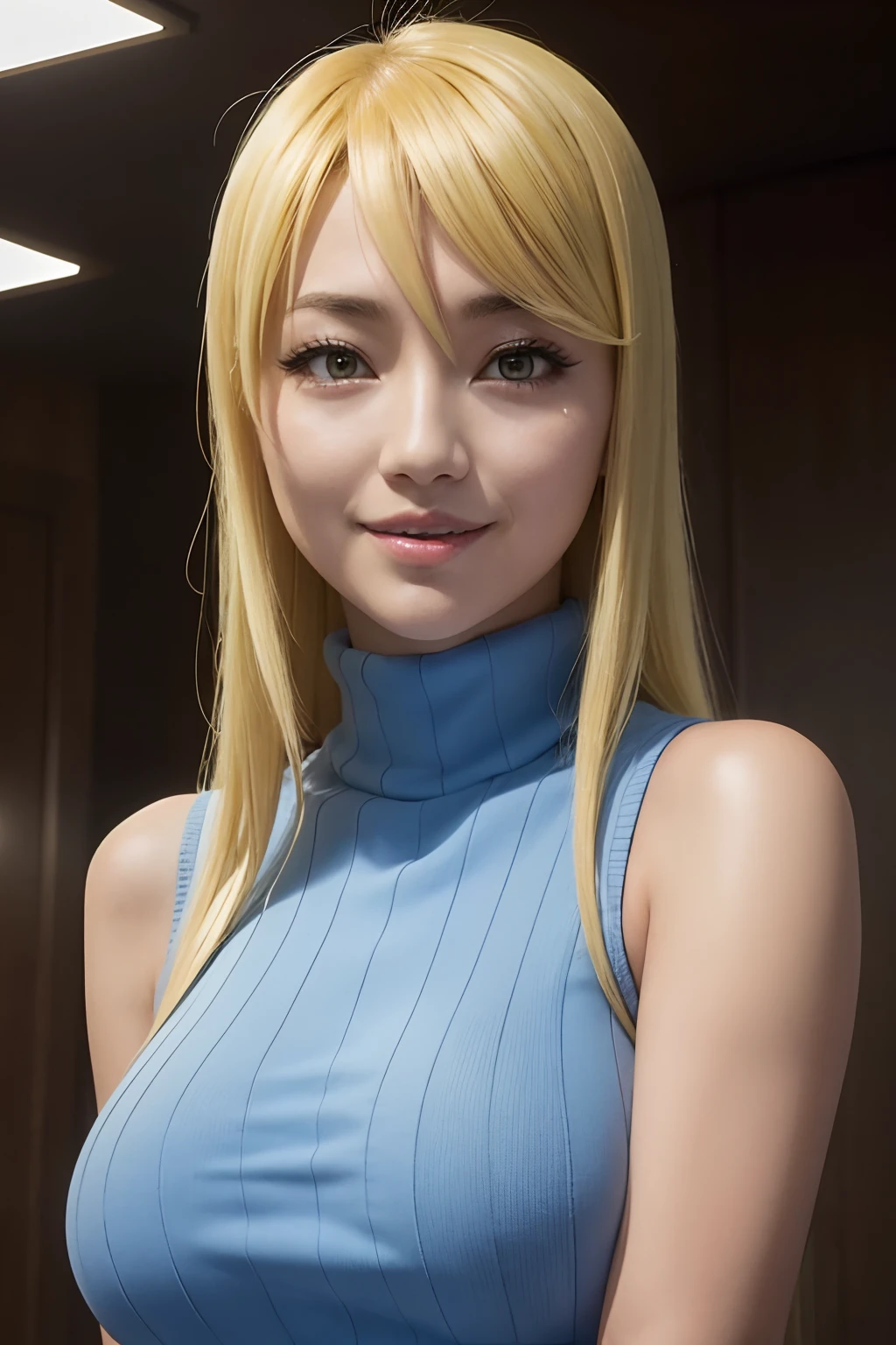 80's_jiaopian, 1girl, blonde hair, ((realistic)), ((photorealistic)),((high-res, masterpiece, best quality, cinema lighting)), masterpiece, best quality:1.2), upper body, solo, 1girl, smile, closed mouth, masterpiece, best quality, 4k, photograph, cinemtaic lighting, modelshoot, perfect lighting, perfect detailed face, professional photoshoot, seductive smile, wide hips, thick thighs, short female,(((huge breasts))),((((shizuka marikawa)))), blonde hair, blue turtle neck sweater, sleeveless, realistic,(((beautiful))),japanese female