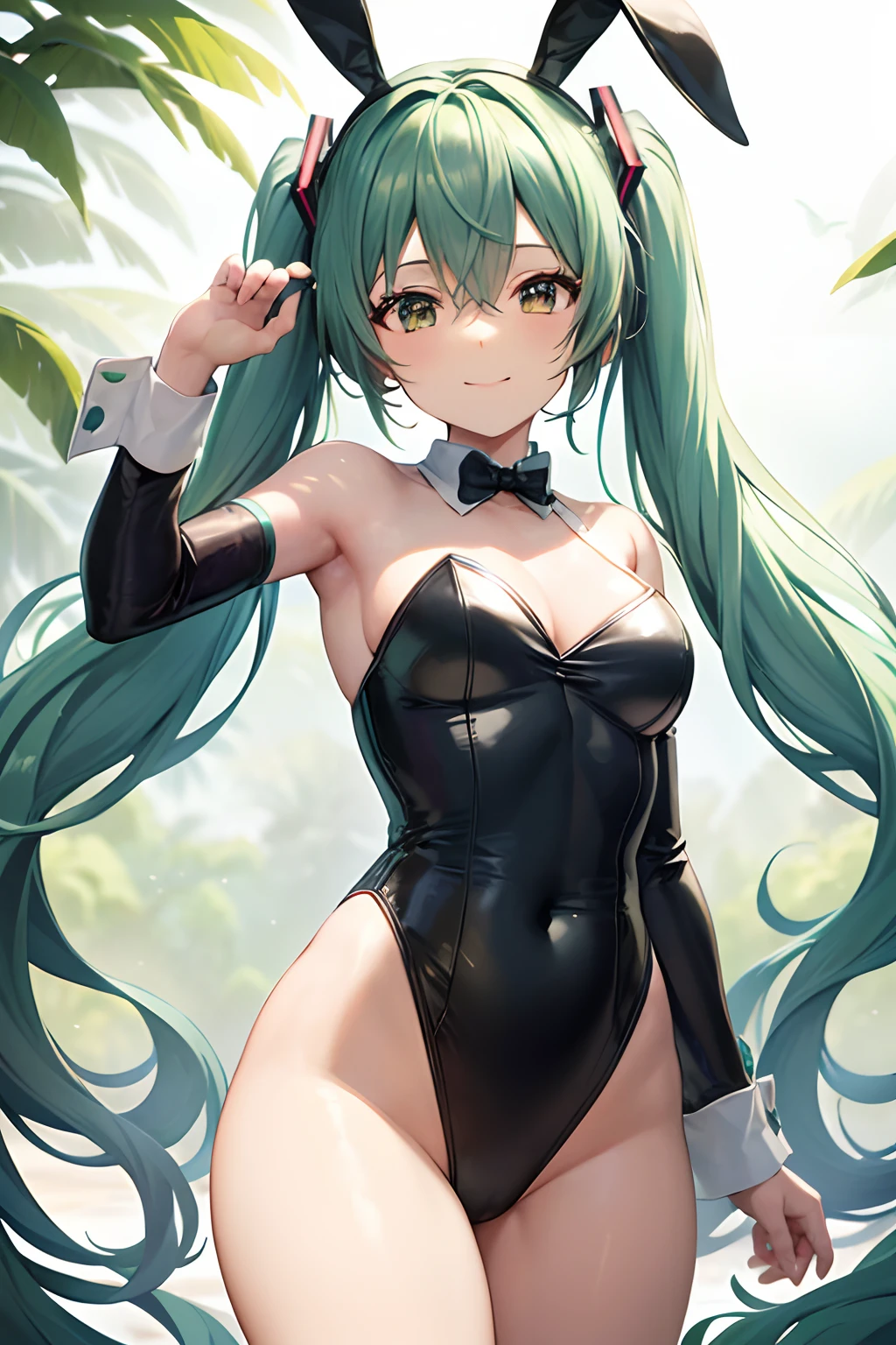 Anime, 1girl in, (hatsune_Miku), Long hair, Green hair, hair adornments, Smile, Pose , Blue Bunny Costume, Bunny ears, Rabbit tail, Bare shoulders, Strapless, thighs thighs thighs thighs, Glittering backgrounds