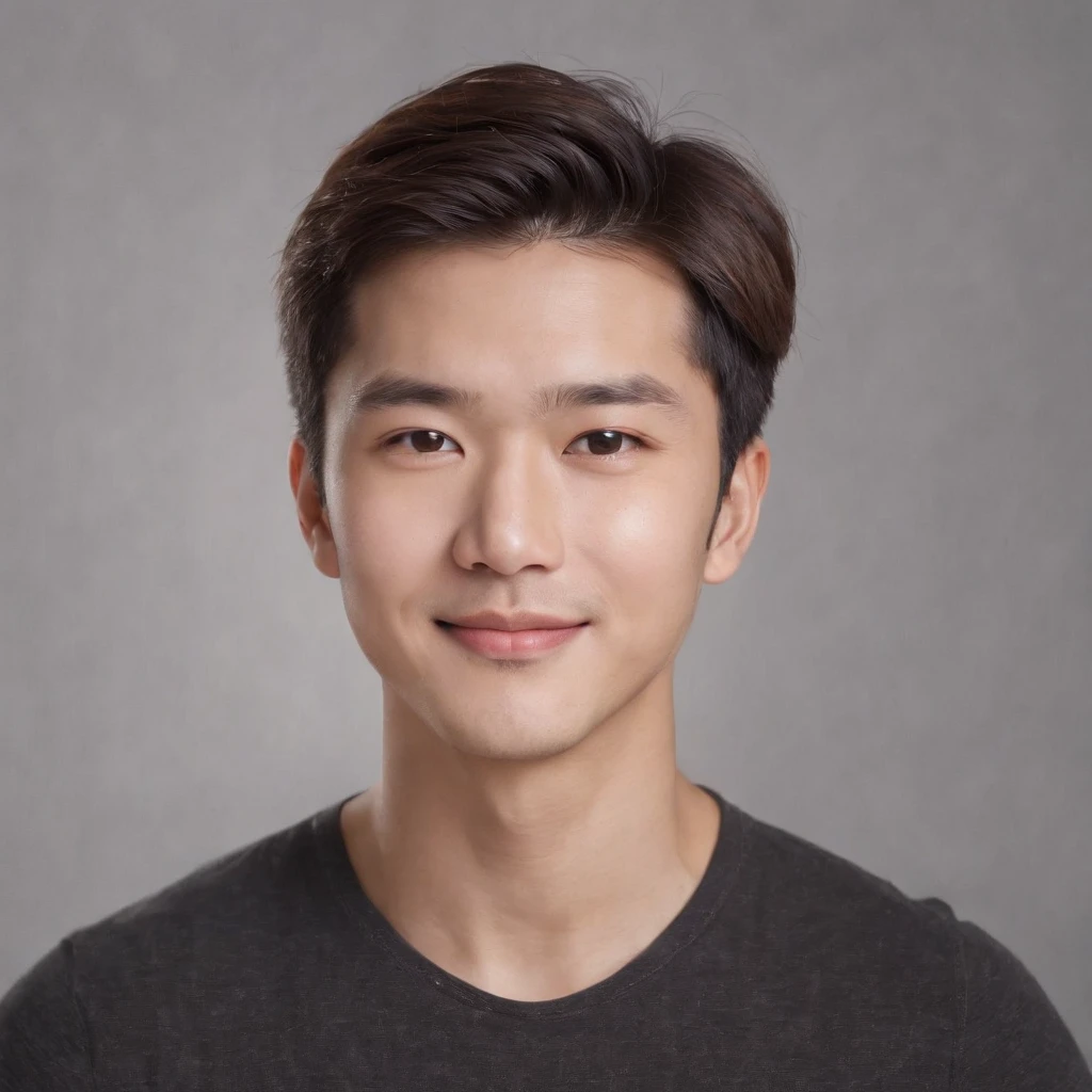 (photo: 1.3) af (realistic: 1.3), east asian man, soft light, clear face, happy, cheerful,warm light, ((gray-white gradient background)), (background)). ((gray wall background)) avatar, (long or short hair), smile, handsome, young,, short hair, ((macro photography))