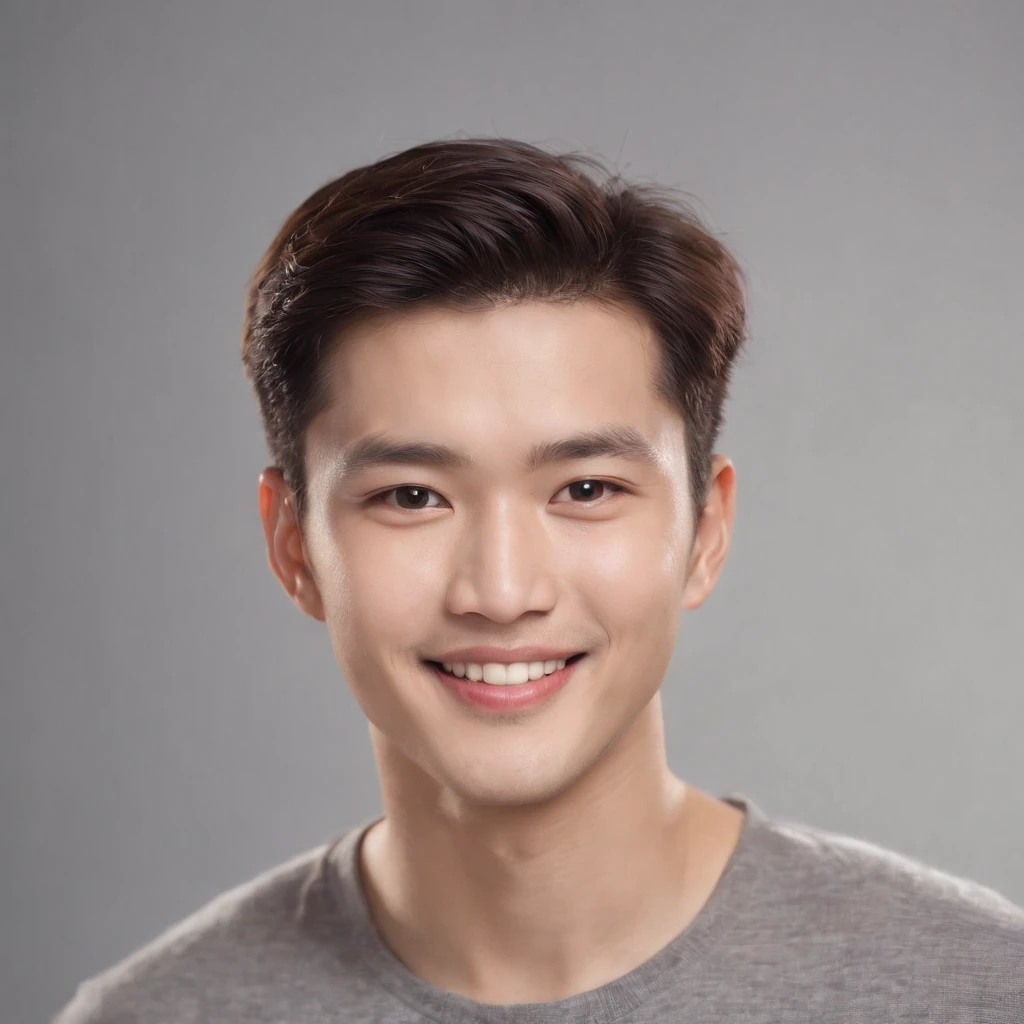 (photo: 1.3) af (realistic: 1.3), east asian man, soft light, clear face, happy, cheerful,warm light, ((gray-white gradient background)), (background)). ((gray wall background)) avatar, (long or short hair), smile, handsome, young,, short hair, ((macro photography))