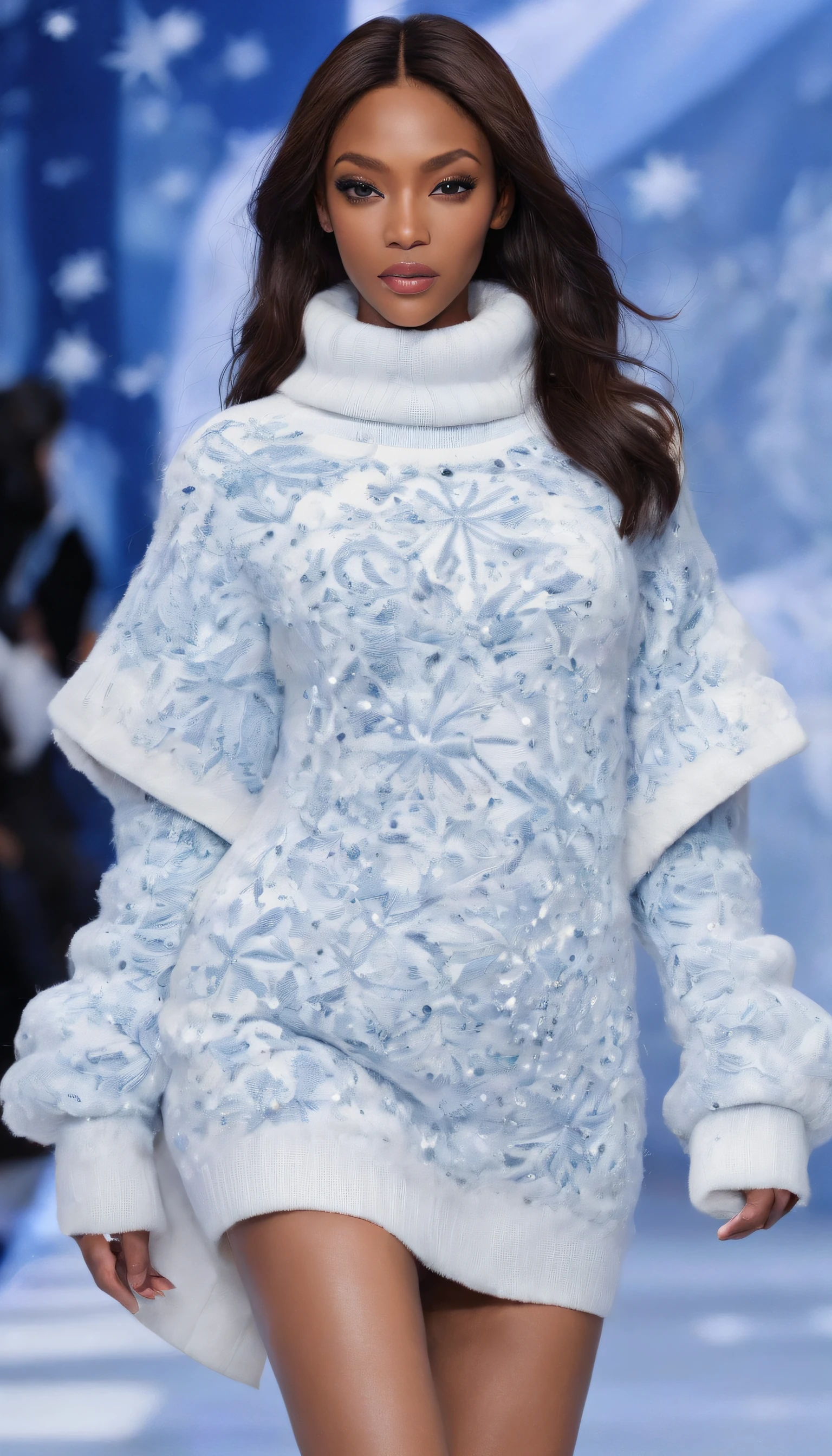 (Best quality,4K,8K,A high resolution,Masterpiece:1.2), Ultra-detailed, (Realistic,Photorealistic,photo-realistic:1.37), 
((Wool fleece fashion show photo））, Naomi Campbell was born in London，She is a legendary black model, (Perfect limbs), fashion show photo, ((fully body photo)), ((White wool fleece winter clothing)),White wool fleece sweater，Blue wool fleece set，Romantic, supermodel body,opulent, （Beautiful high heels）, 
inside in room：Catwalk scene， (((Runway scene))), (Snowflakes in the background：1.2) (Snowflakes in the background, wave,stars,), inside in room：Catwalk scene， Long-range shooting.