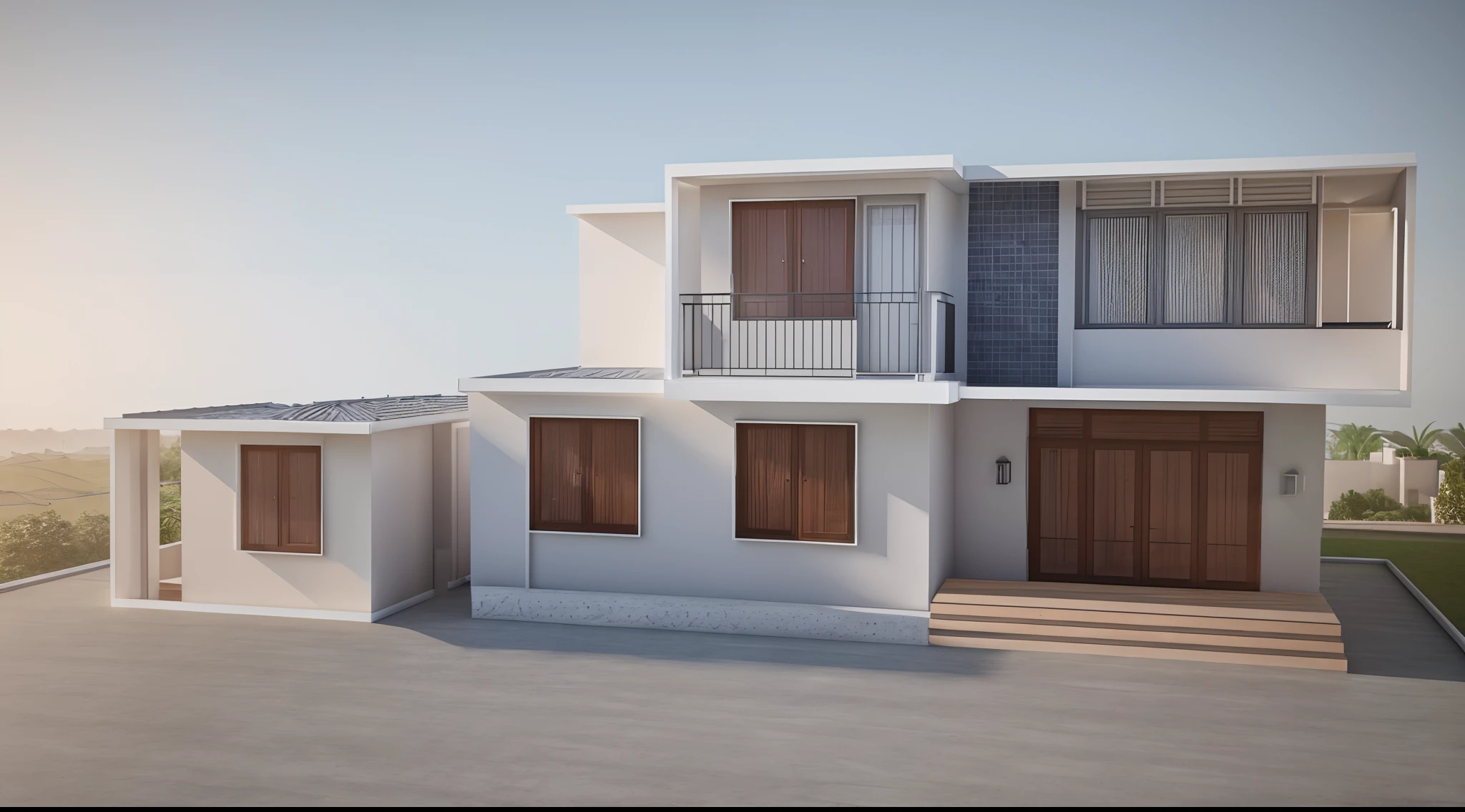 a close up of a house with a balcony and a balcony, sketch - up, front-view, complete house, residential design, with 3 d render, front elevation view, with 3d render, 3d rendering, 3 d rendering, rendered, rendered 3d model, concept house, frontview, elevation view, 3 - d render, front view dramatic