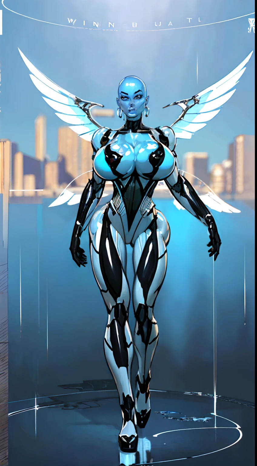8k ((full body view:1.4)) (large eyes:1.3), defined cheekbones, 1woman, ((the pit style:1.4))((defined jawline:1.2)) ((sleek chrome bodysuit:1.6)) (detailed face:1.5), blue skin,(puffy lips:1.5) (blue skin:1.6), (bald woman:1.7), (skinhead) ((stands confident)),(Muscular:1.3), ((gigantic breasts:1.6)) ((front view:0.6)), )highly detailed, majestic, digital photography, art by artgerm and ruan jia and greg rutkowski, ((metal wings on back:1.4)), (masterpiece, sidelighting, intricate details, black and blue color palette