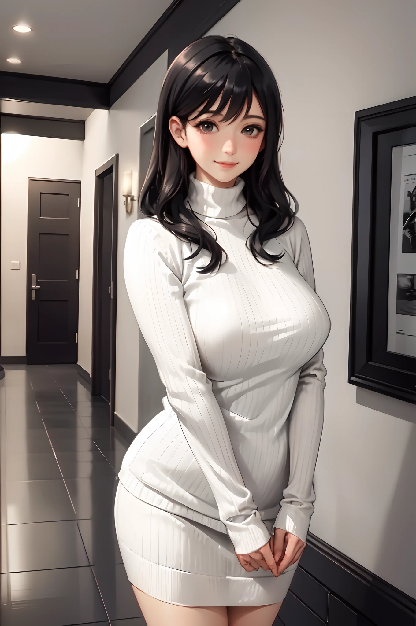 1lady standing, /(ribbed sweater/), mature female, /(black hair/) bangs, blush kind smile, (masterpiece best quality:1.2) delicate illustration ultra-detailed, large breasts BREAK /(modern house hallway/)