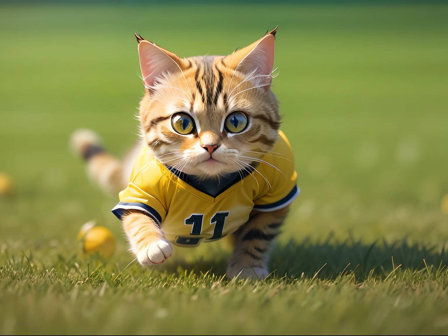 A round-eyed cute cat, Wear a football jersey, Run and play football on the grass field..