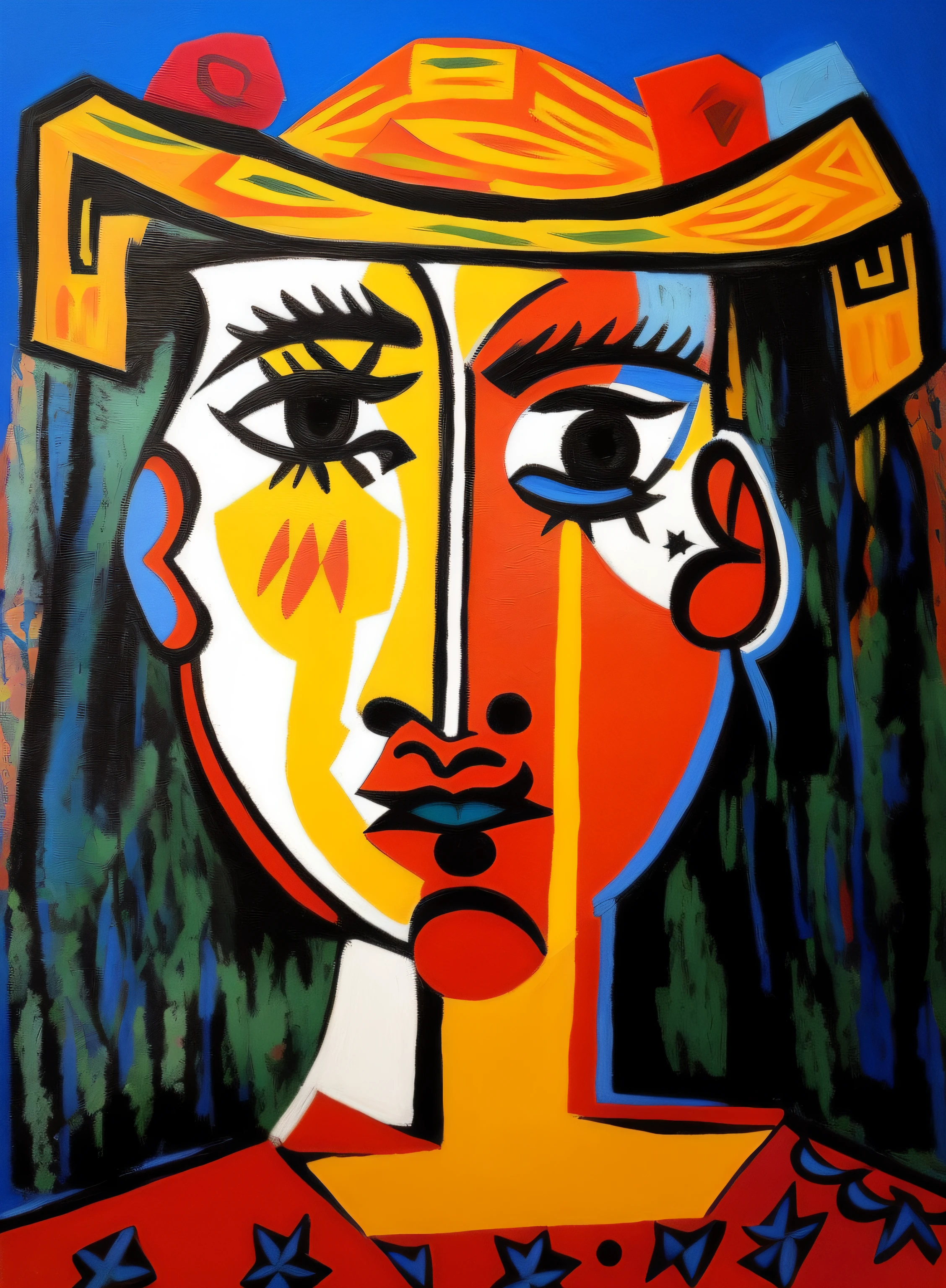 painting of a woman with a hat on her head, inspired by Pablo Picasso, picasso style, inspired by Picasso, style of picasso, picasso masterpiece, by Picasso, pablo picasso painting, cubist picasso, kiki picasso style, inspired by Dora Maar, by Pablo Picasso, similar aesthetics to picasso, woman with hat, abstract face, inspired by Enzo Cucchi