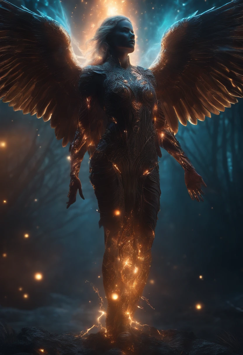 Cosmic Fallen Angel, glowing light eyes, Biomechanical, eerie, Creepy, nightmarish, Very bright colors, Light particles, with light glowing, Mshiff, wallpaper art, UHD wallpaper