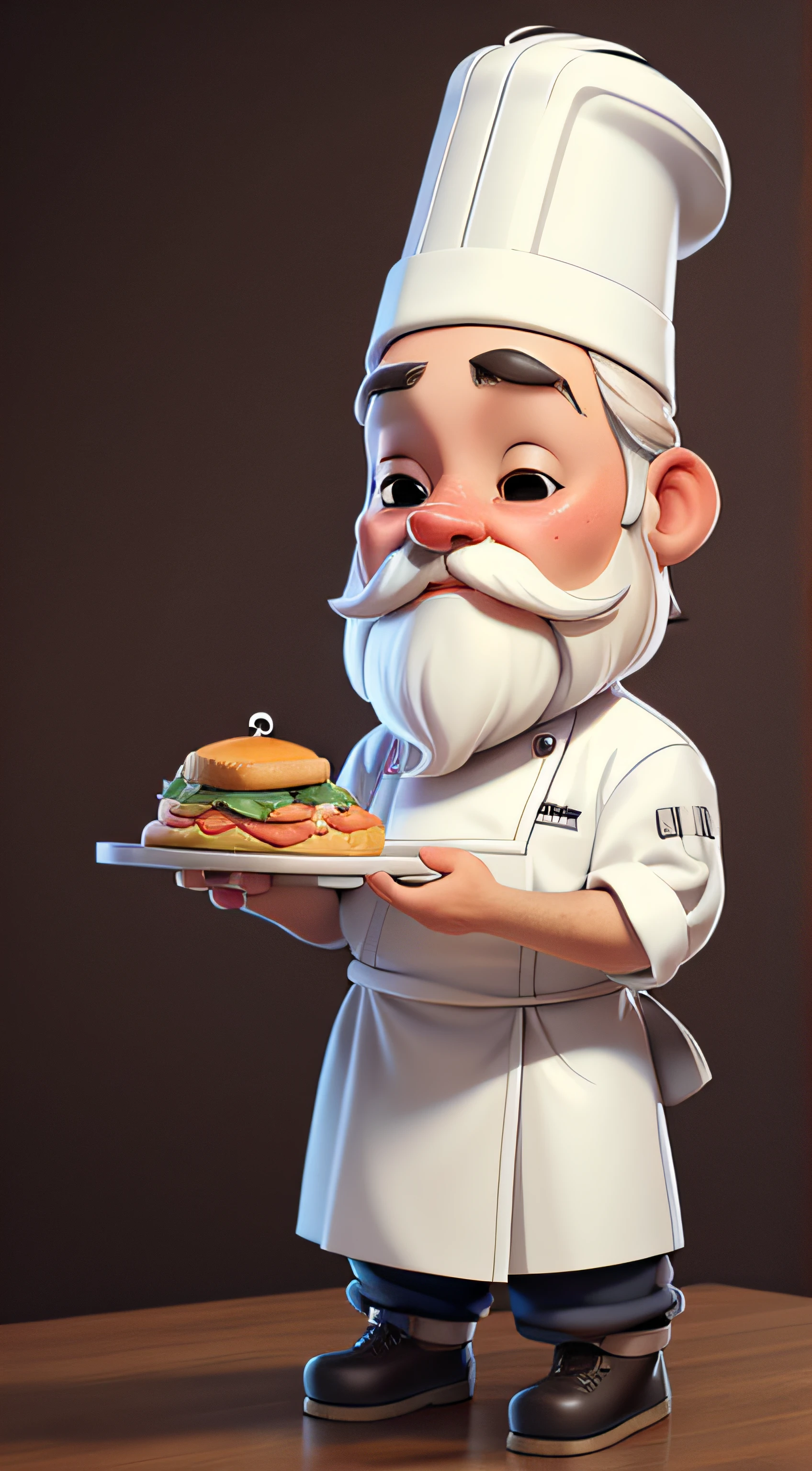 Full body portrait of a male chef，Wear chef attire，with a chef's hat，Place your hands on the plate，Middle Age，Cartoon image，Have a beard。