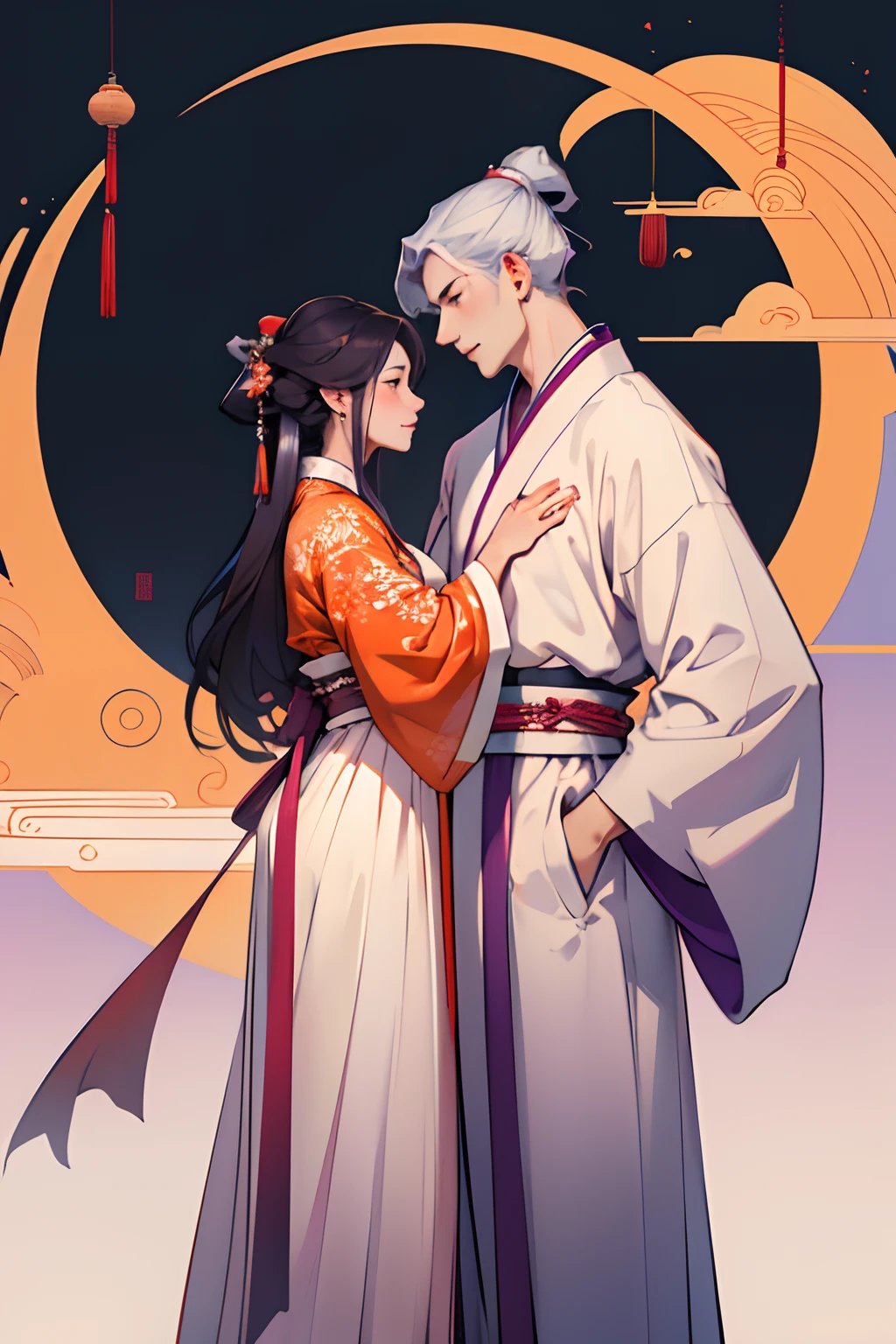 two characters, a man and a woman, lover pose, hanfu, purple male korean traditional clothes, orange and white clothes, flat background, chinese pattern