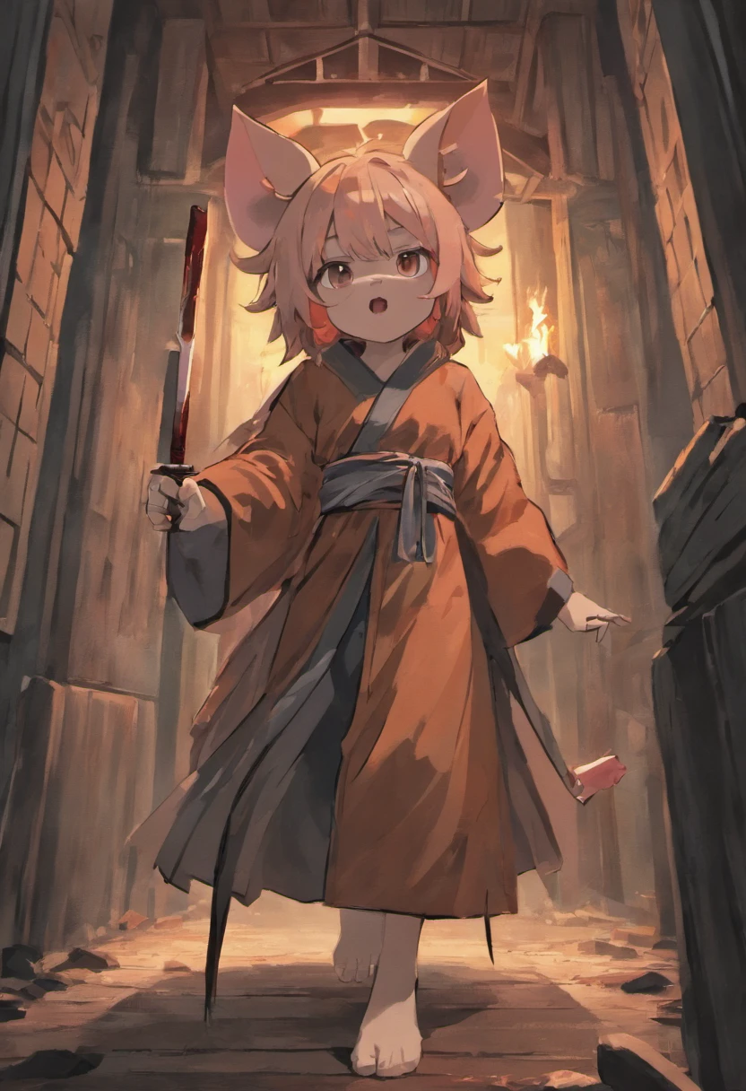 Pig-headed human monsters,Wearing monk robe,Holding a sharp knife in his hand,The background is a farm at night,Scary atmosphere,