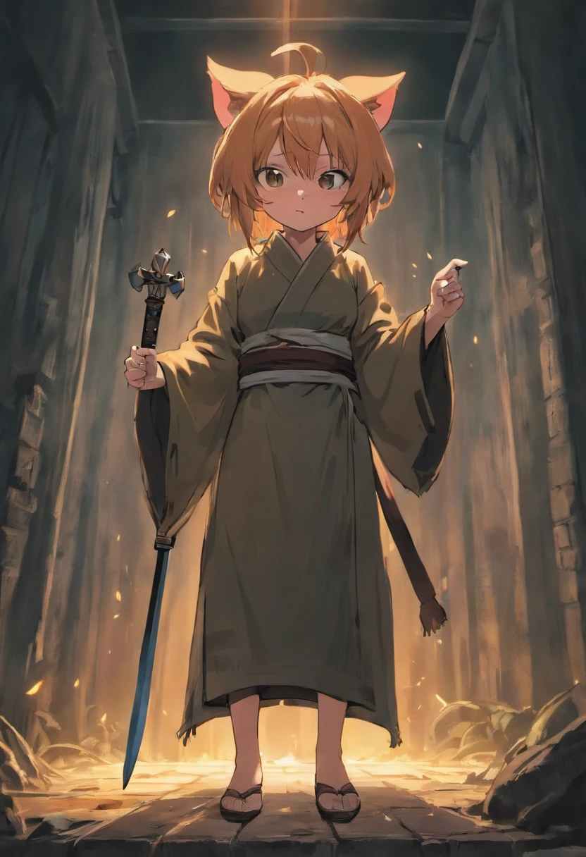 Pig-headed human monsters,Wearing monk robe,Holding a sharp knife in his hand,The background is a farm at night,Scary atmosphere,