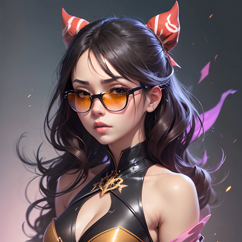 Half body shot,WLOP style WAGMI Girl,wearing one sunglasses,expressive portrait gesture,concept art,
not cut of top, in the style of insanely detailed illustrations,colorful costumes,zbrush,dark amber,
shoe paintings, pinkcore, anime-influenced,masterpiece,black background,masterpiece,