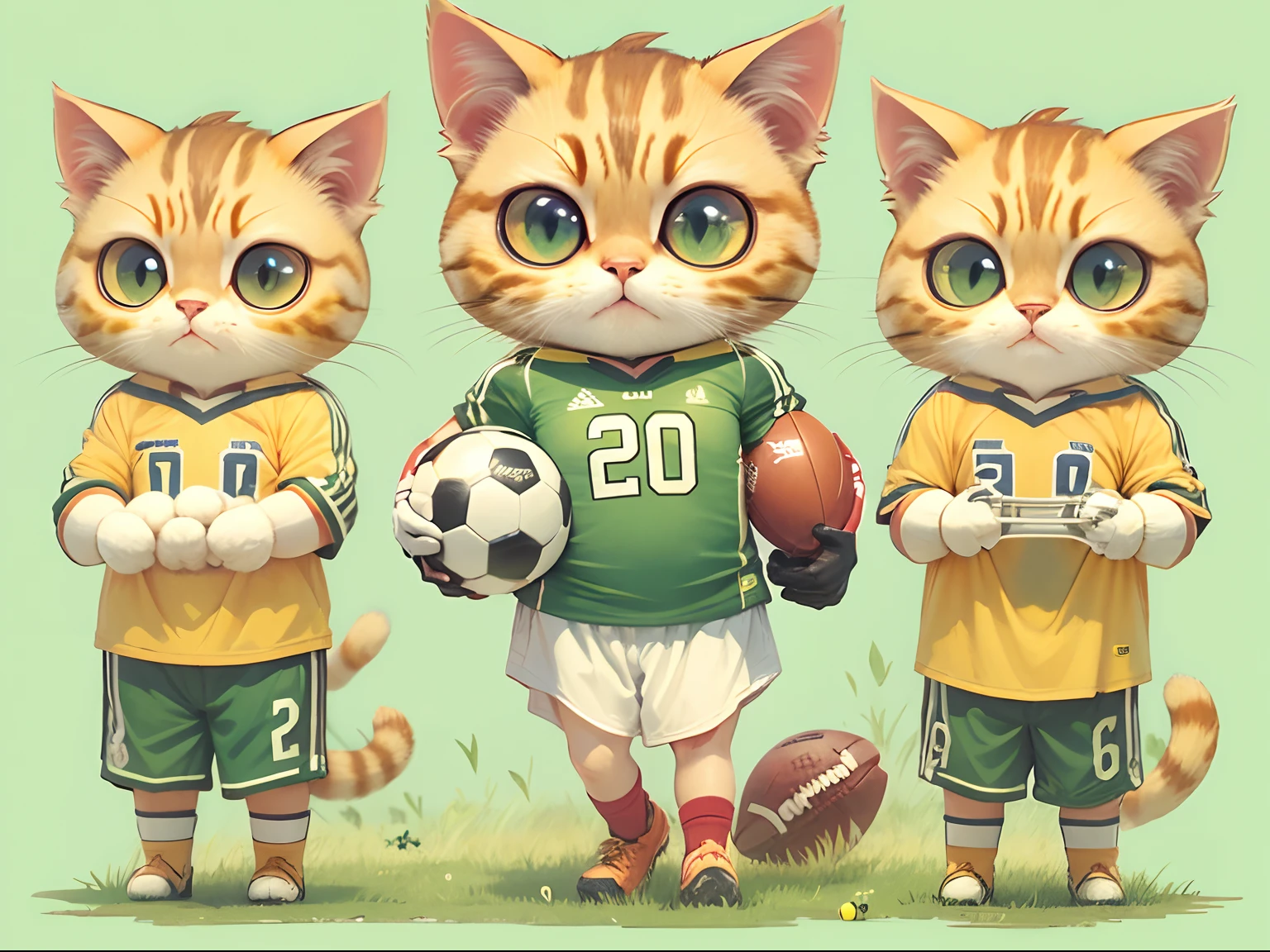 A round-eyed cute cat, Wear a football jersey, Be a goalkeeper, Play soccer on the grass field..