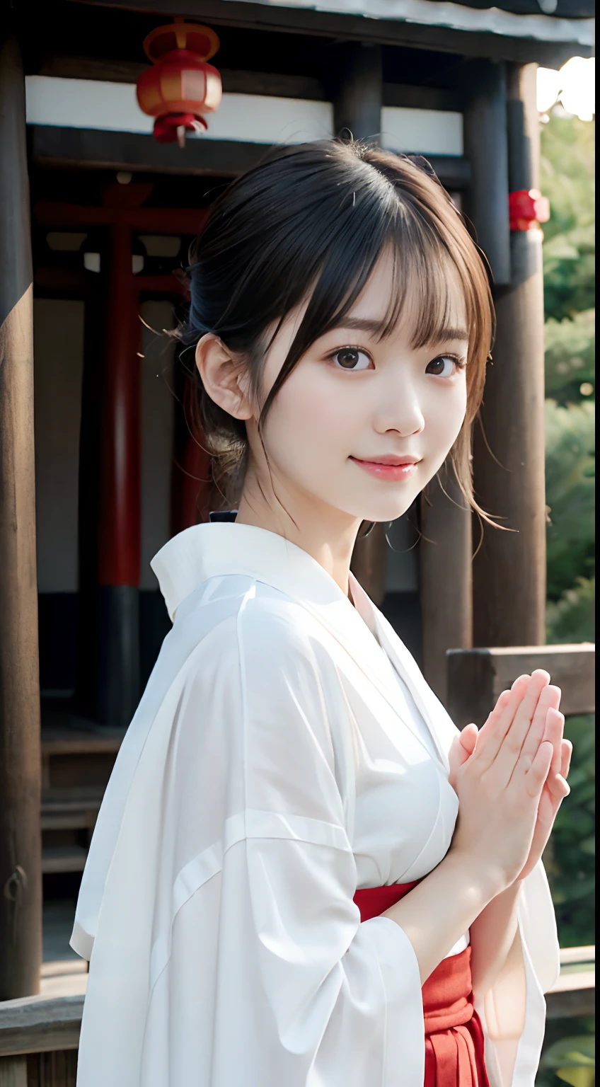 (Close up portrait of a girl with slender small breasts and long bangs In a white kimono and scarlet long skirt:1.5)、(Girl pray and put her palms together in the Japanese shrine precinct with small smile:1.5)、(Beautiful blue sky :1.3)、(Perfect Anatomy:1.3)、(complete fingers:1.3)、(8K:1.3)、Photorealistic photography、masutepiece、top-quality、high resolution、delicate and pretty、face perfect、Beautiful detailed eyes、Fair skin、Real Human Skin、((thin legs))、(Dark hair)