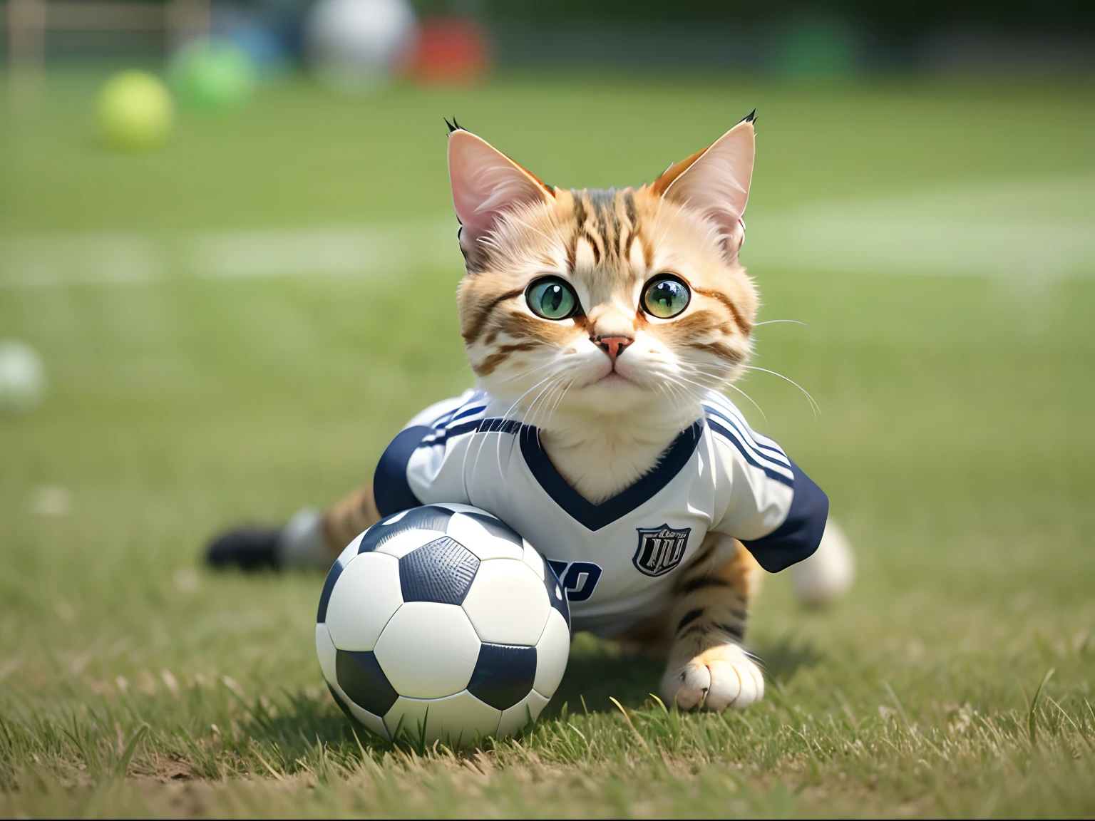 A round-eyed cute cat, Wear a football jersey, Be a goalkeeper, Play soccer on the grass field..