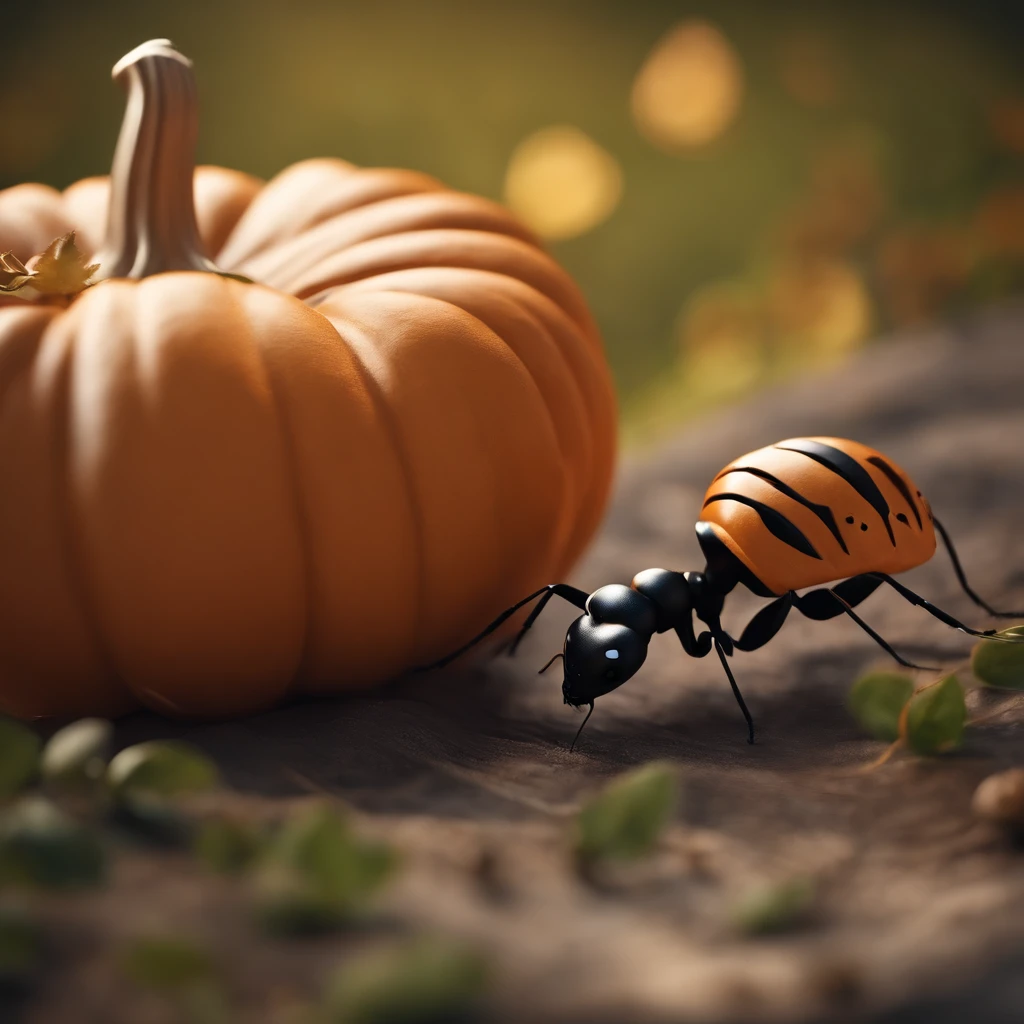 An ant lying on a Halloween pumpkin,in a panoramic view,(tmasterpiece,best qualityer:1.2),very delicate beautiful,the best lights,The best shadow,depicted as a 3 d render, stylized as a 3d render, stylized 3d render