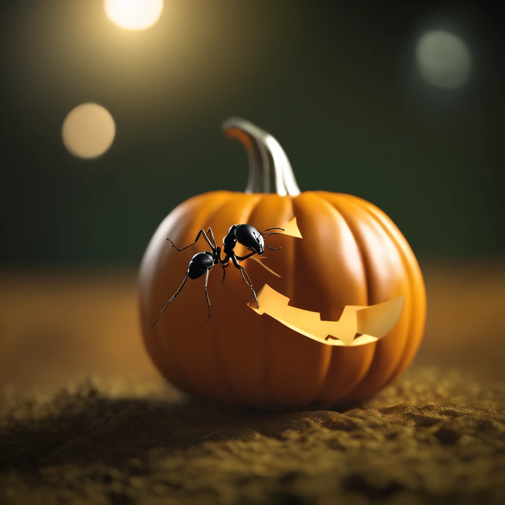 An ant lying on a Halloween pumpkin，in a panoramic view，（tmasterpiece，best qualityer：1.2），very delicate beautiful，the best lights，The best shadow，depicted as a 3 d render, stylized as a 3d render, stylized 3d render