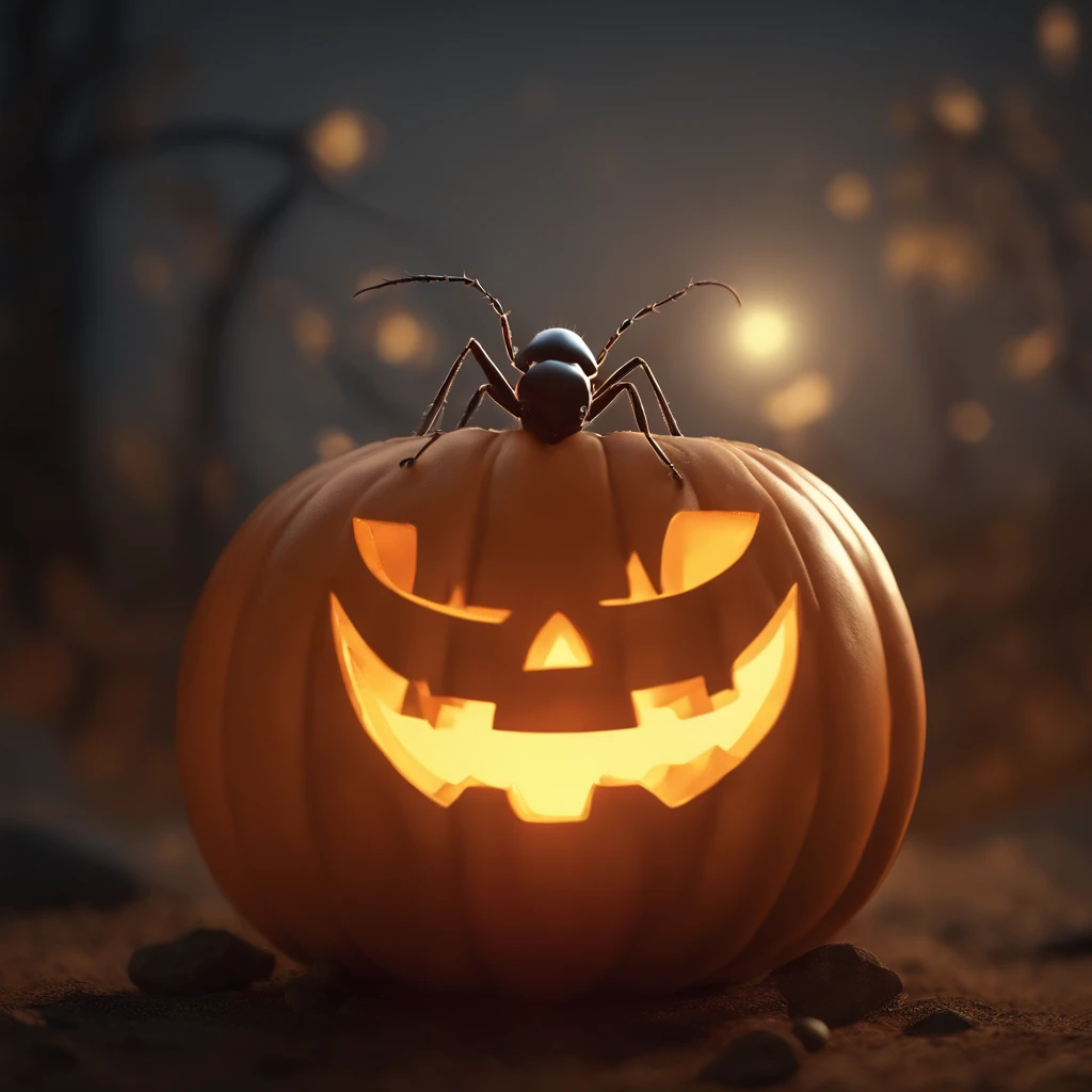An ant lying on a Halloween pumpkin,in a panoramic view,(tmasterpiece,best qualityer:1.2),very delicate beautiful,the best lights,The best shadow,depicted as a 3 d render, stylized as a 3d render, stylized 3d render