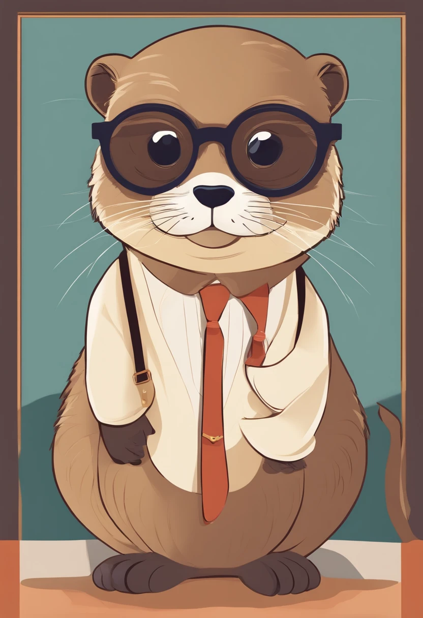 otter with eye glasses and shoe, cute, street fashion, flat color, vector, cartoon, detail