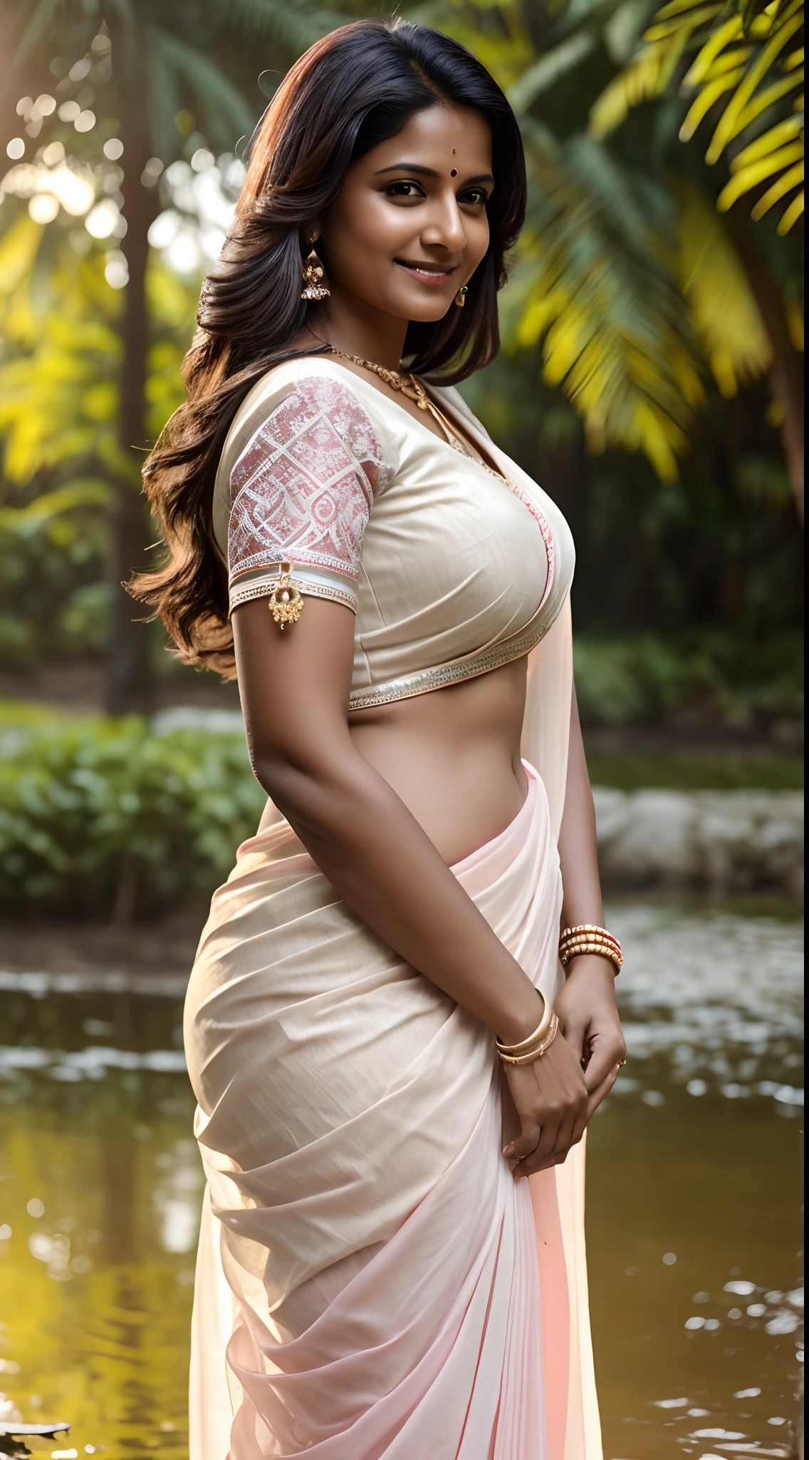 an extremely sexy and a beautiful aunty 35 years old in a plain white cotton saree and a transparent blouse, chubby, full body shot, close up, 8k with intricate detail, goddess like beauty, partially visible navel, bun hair style