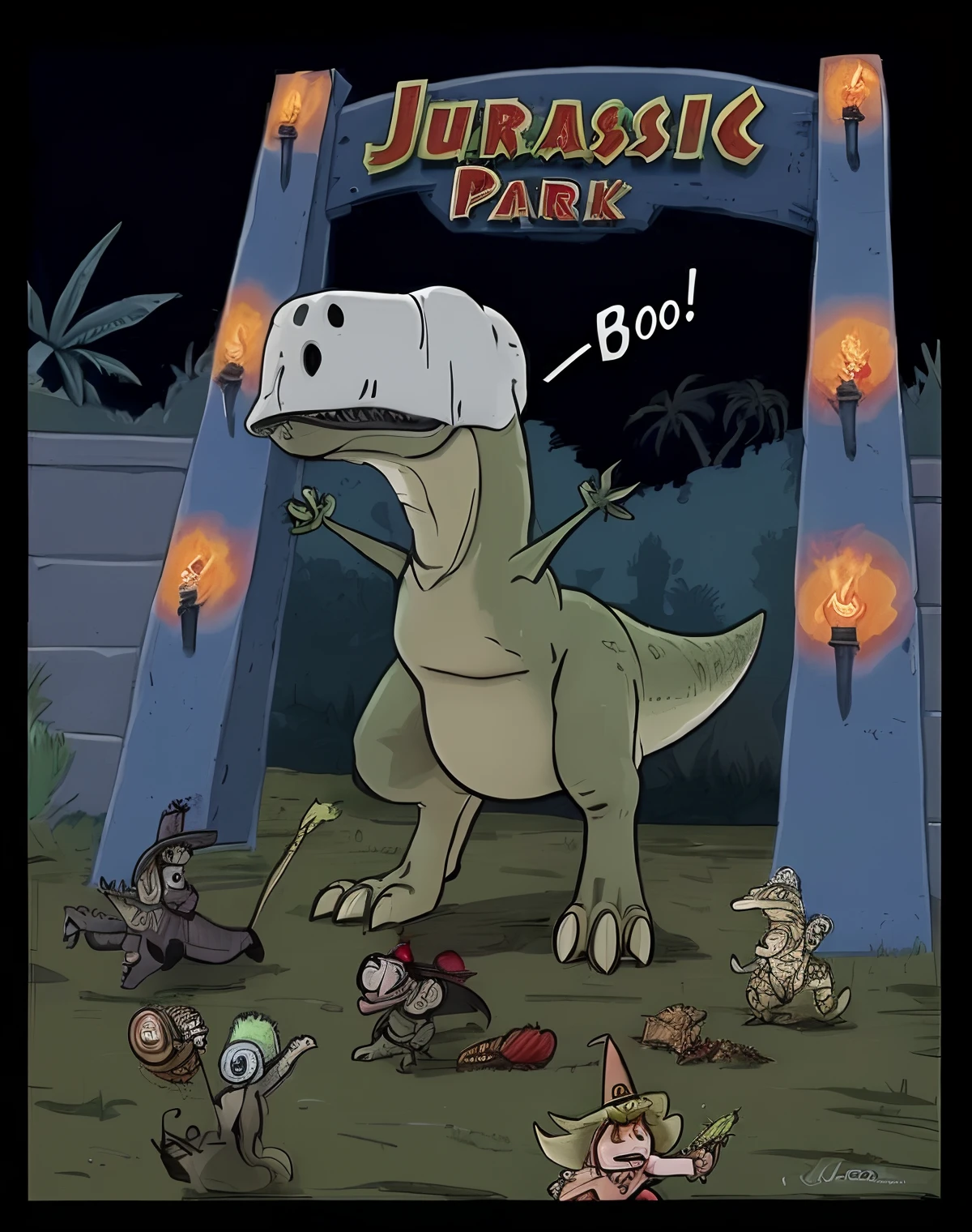 Dibujos animados de un dinosaurio con un sombrero puesto y un letrero que dice Jurassic Park Boo, Pesadilla en el parque, Jurassic Park, Joe Biden vestido de dinosaurio, jurassic image, Jurassic, "Un mercado de dinosaurios, psycho, Todos los Mimsy eran los Borogov, asustadizo, ❤🔥🍄🌪, dibujos animados de miedo, realmente aterrador, In the movie Jurassic Park