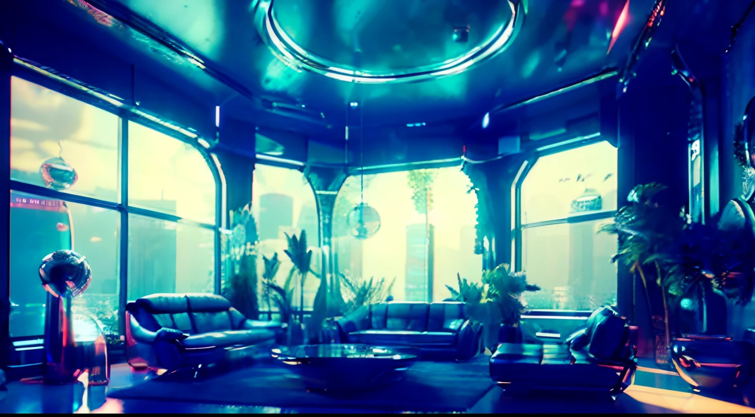 ((tmasterpiece)),(Hyper-detailing),(Complicated details),(High resolution CGI artwork 8k),Futuristic cyberpunk living room。Large windows for balcony floor-to-ceiling windows,Busy and colorful、Detailed cyberpunk cityscape。Futuristic style,There are many colors and LED lights。The cityscape should be very detailed,depth of fields。Create depth with atmospheric lighting,Evoke the feeling of a busy futuristic city outside the window。cameras:Wide-angle lens showing rooms and windows。The window should be the focal point of the image。illuminating:Use atmospheric and volumetric lighting to enhance cityscape detail。The room should be illuminated by the neon lights of the cityscape